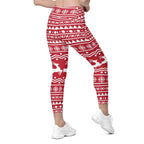 Red Nordic Reindeer Crossover Leggings With Pockets