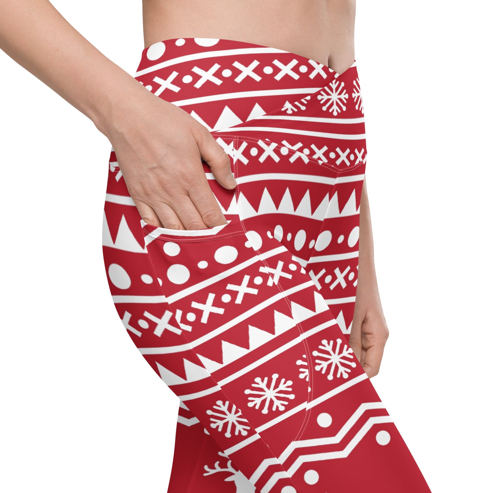 Red Nordic Reindeer Crossover Leggings With Pockets