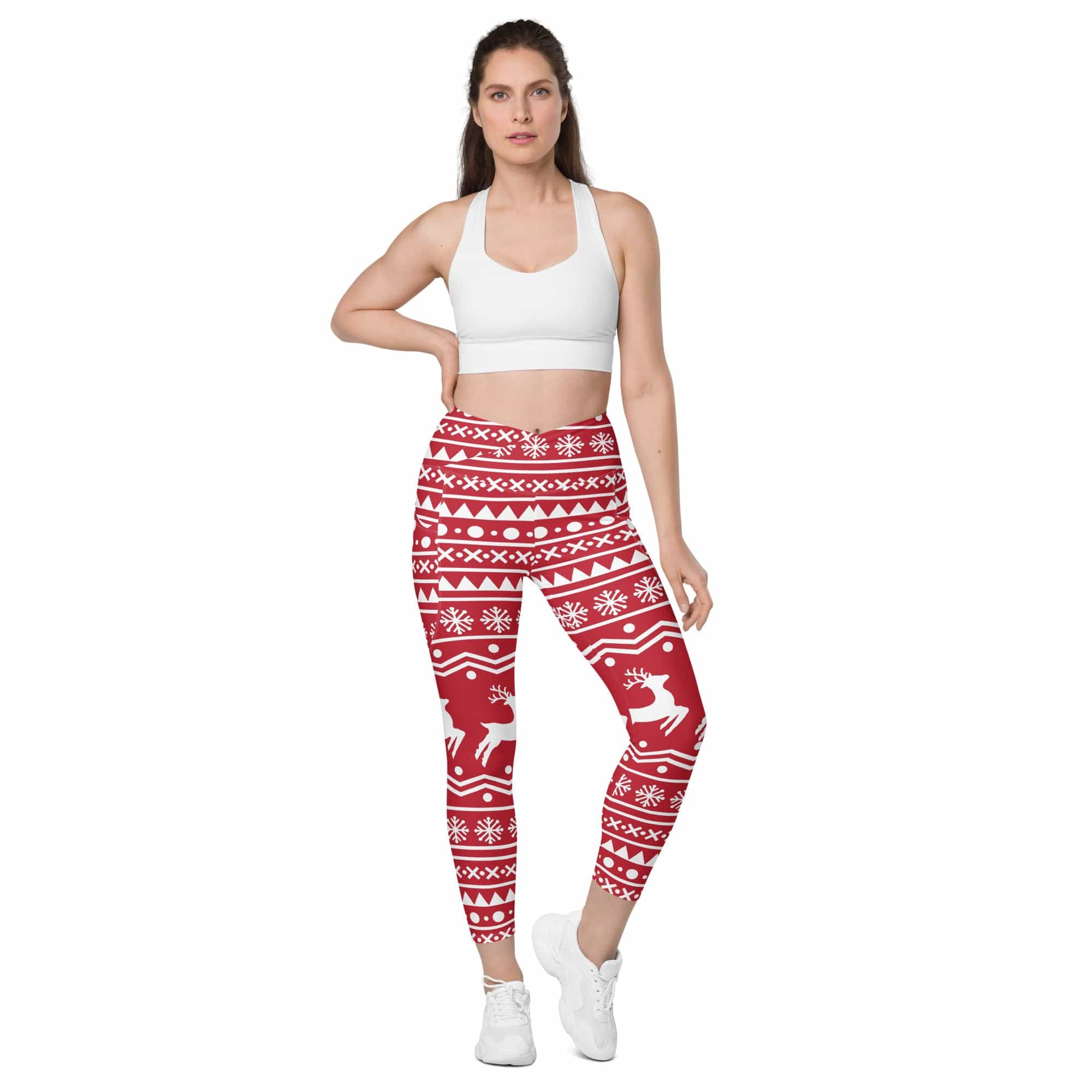 Red Nordic Reindeer Crossover Leggings With Pockets