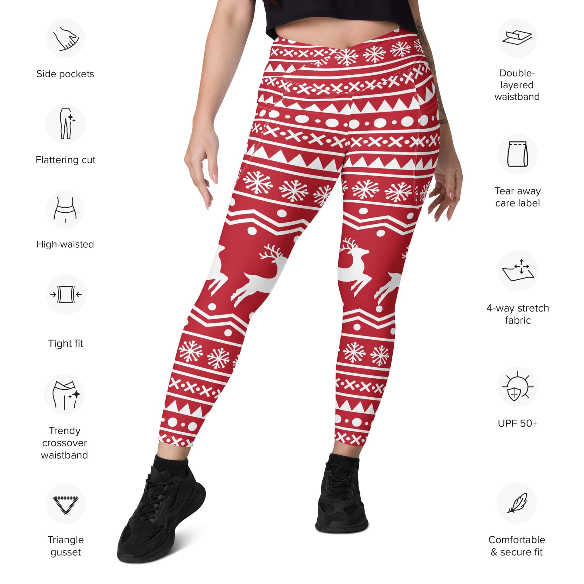 Red Nordic Reindeer Crossover Leggings With Pockets