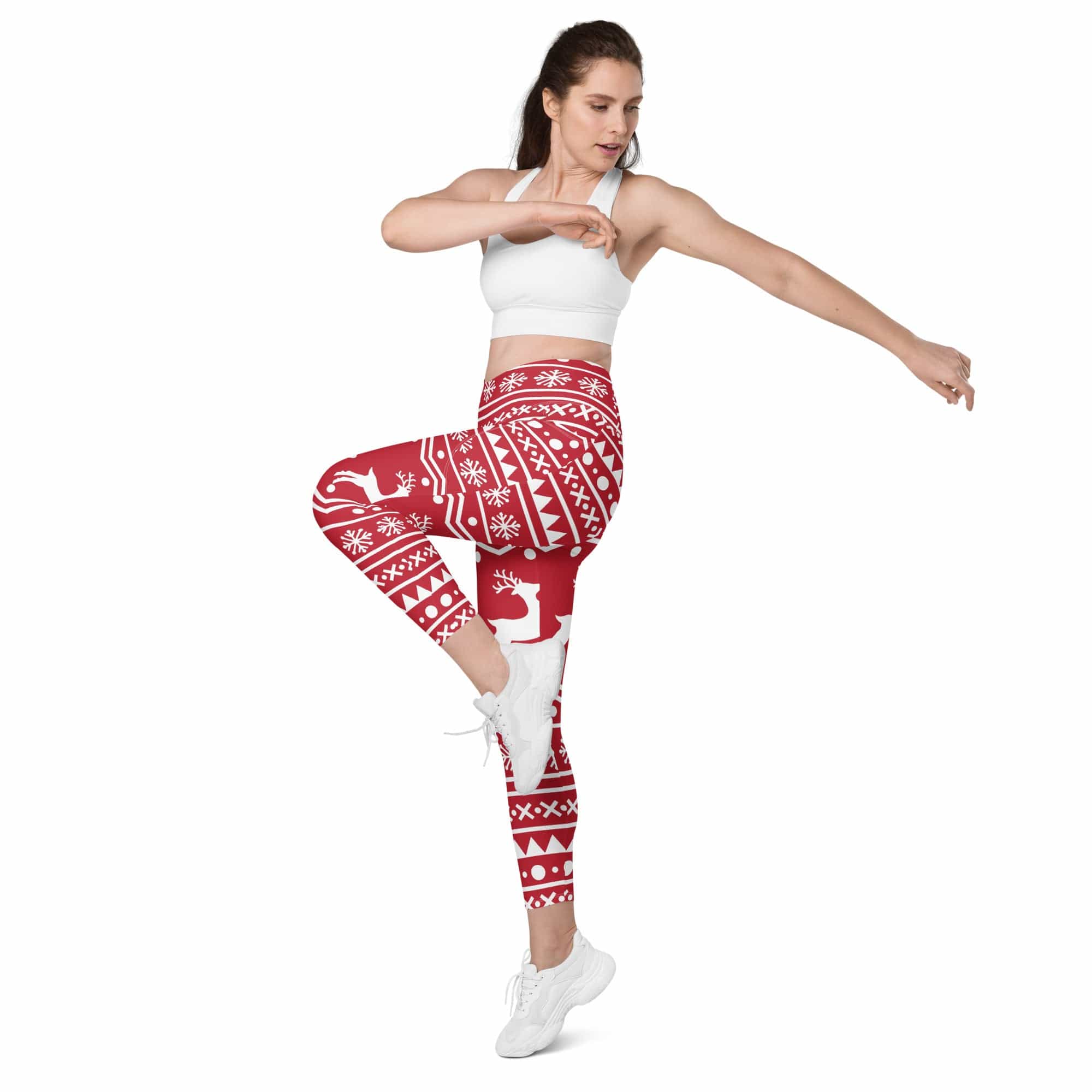 Red Nordic Reindeer Crossover Leggings With Pockets
