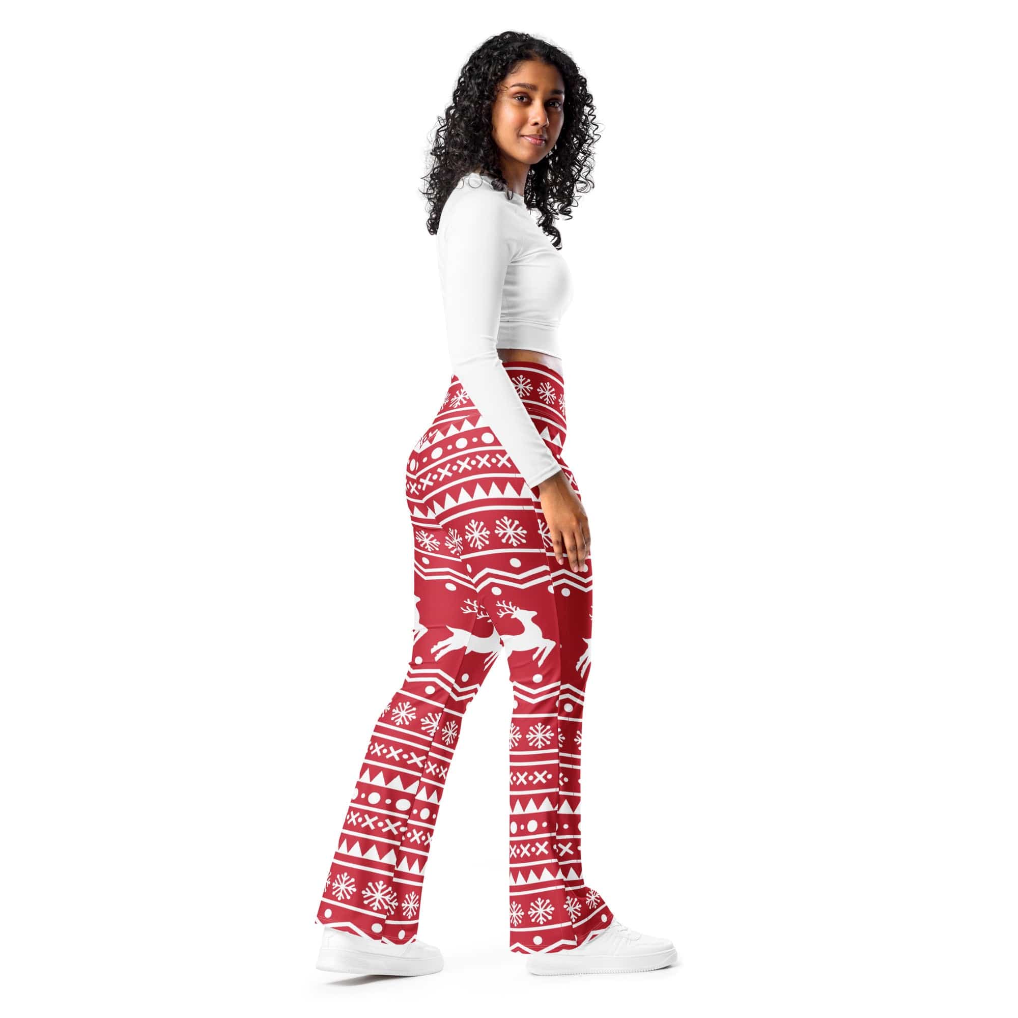 Red Nordic Reindeer Flare Leggings