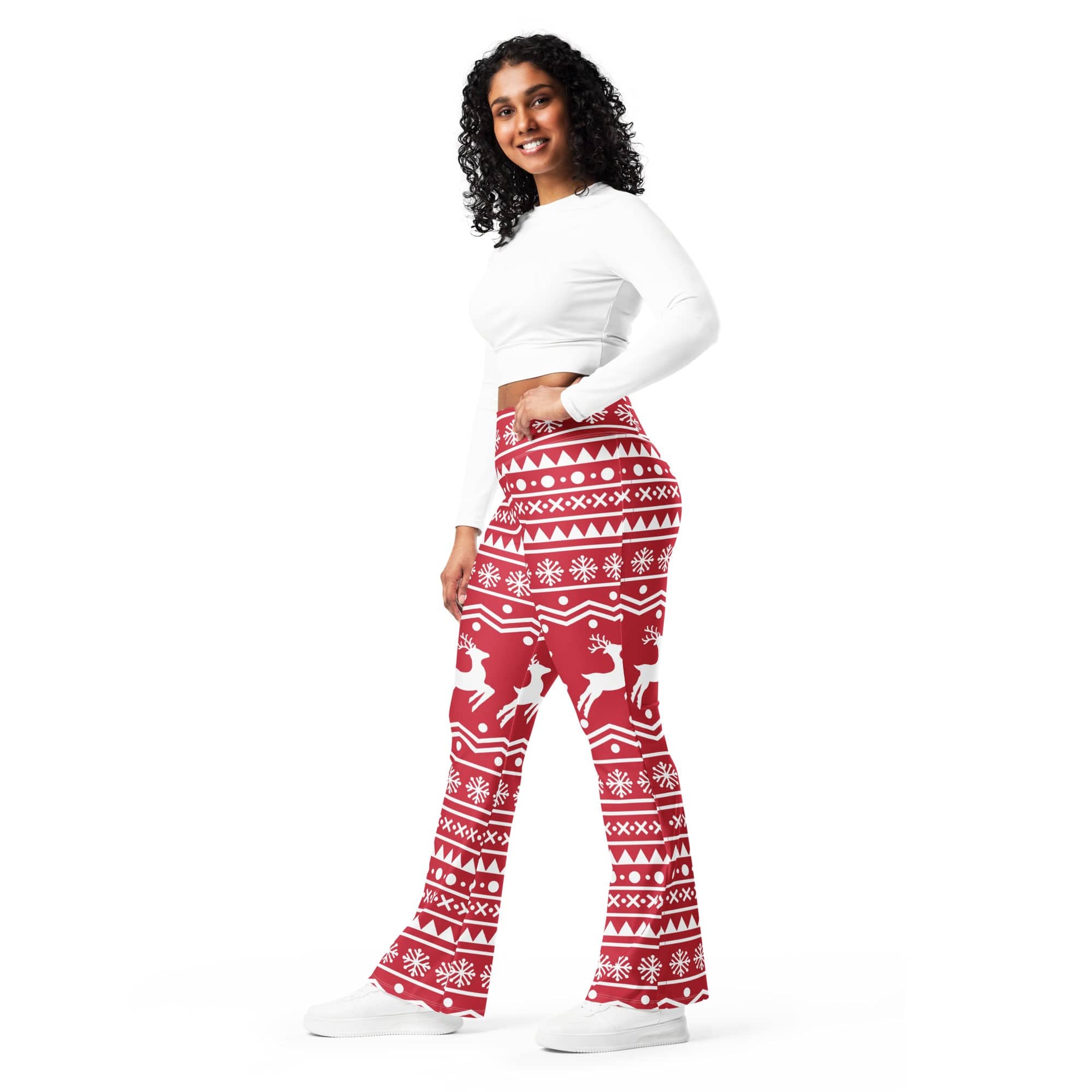 Red Nordic Reindeer Flare Leggings