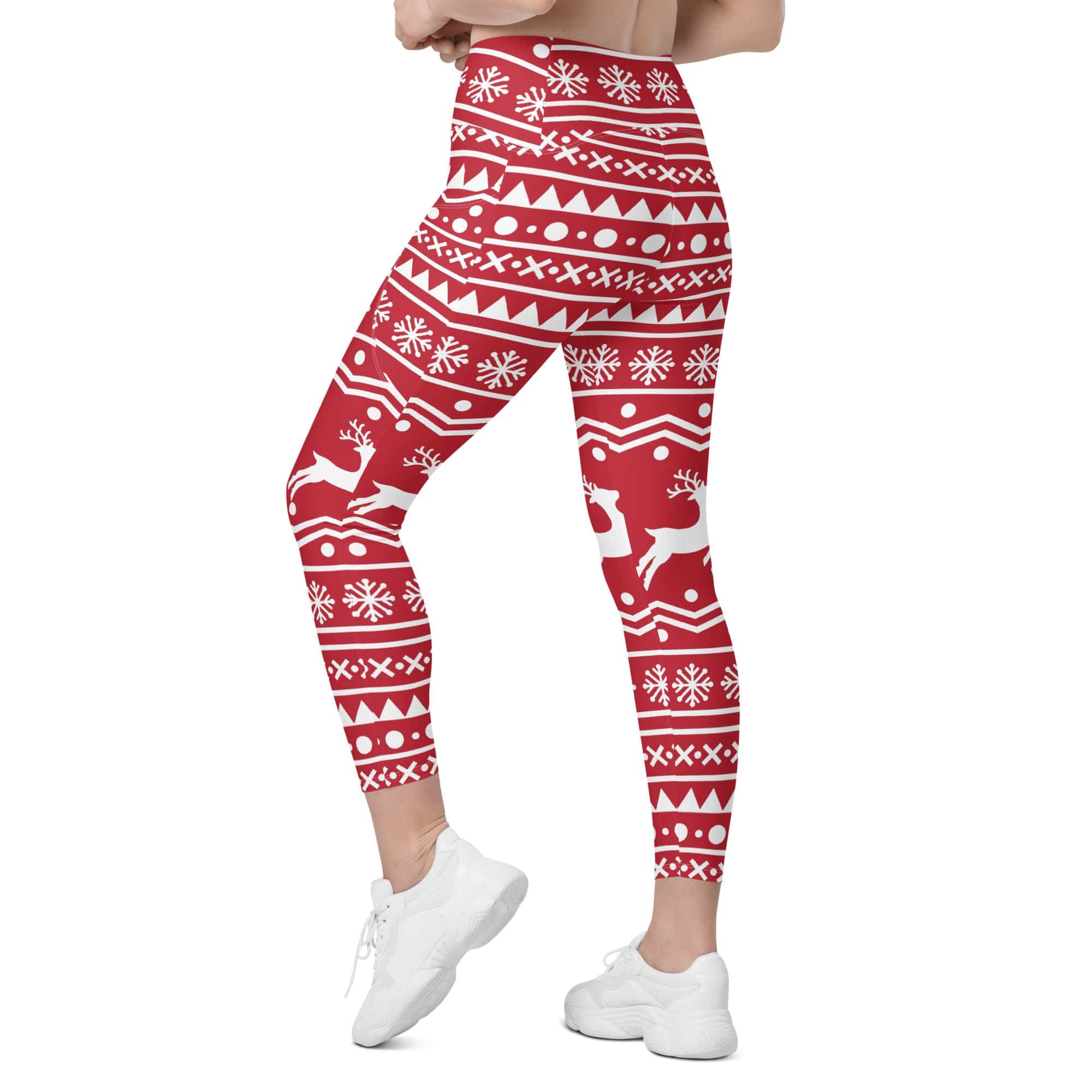 Red Nordic Reindeer Leggings With Pockets