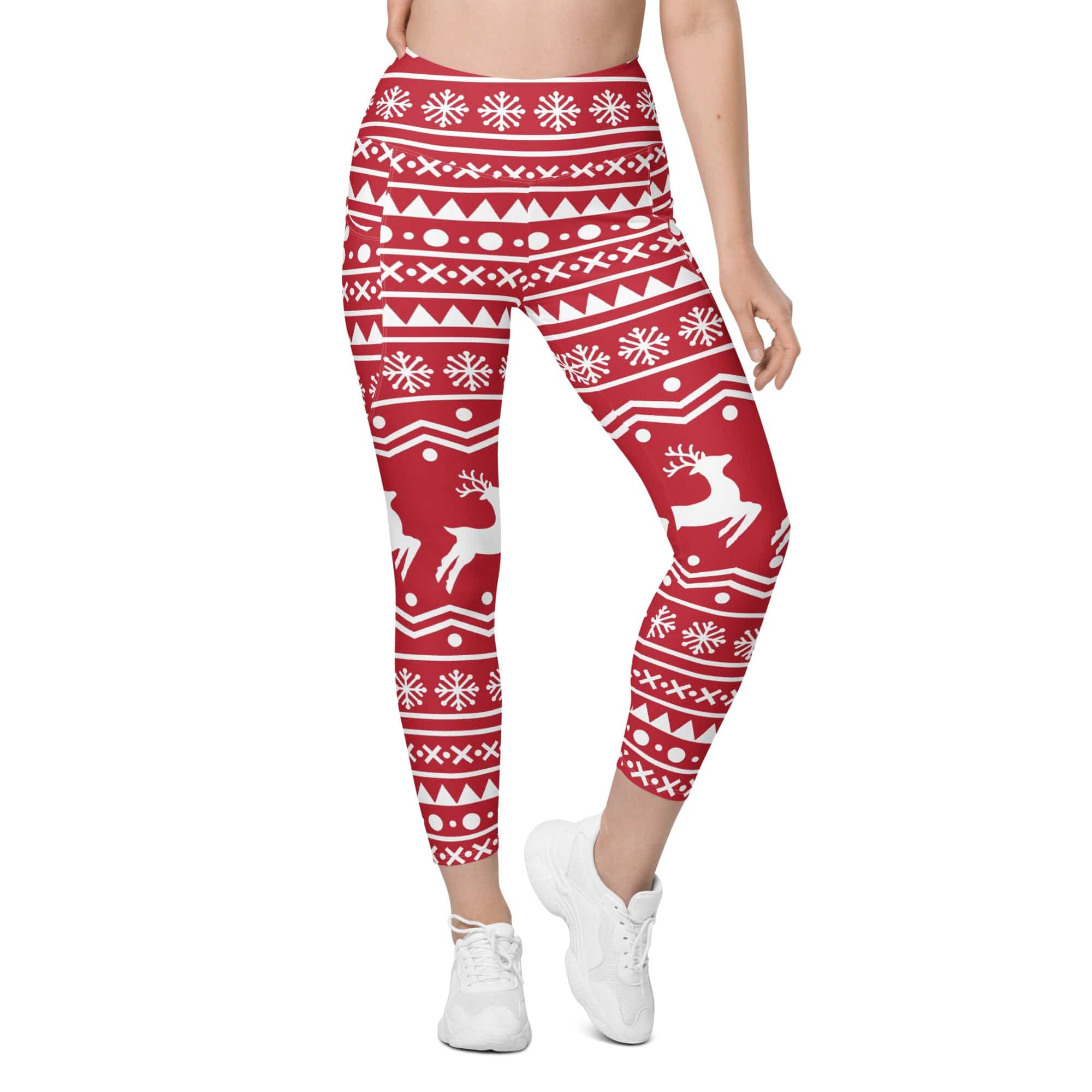 Red Nordic Reindeer Leggings With Pockets