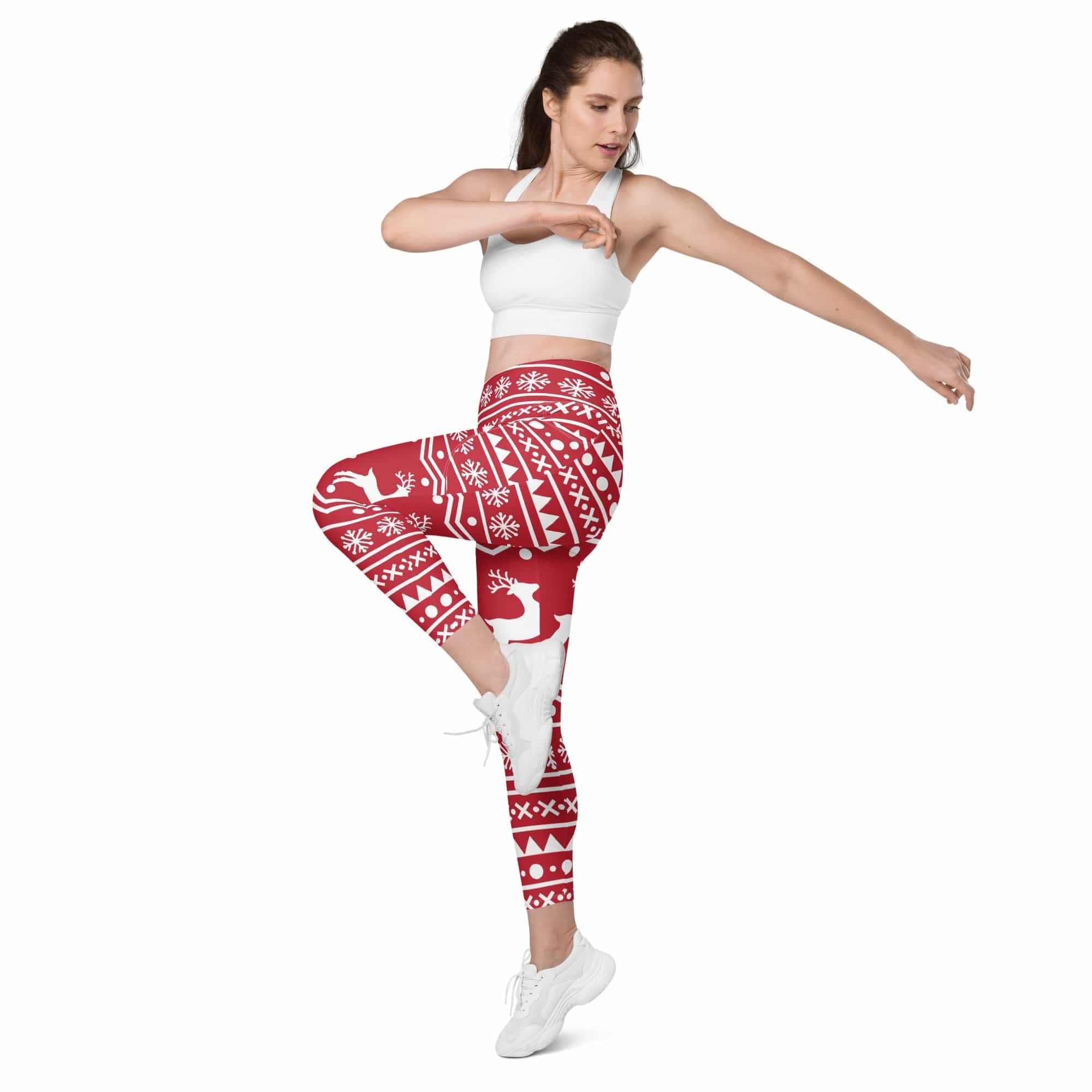 Red Nordic Reindeer Leggings With Pockets