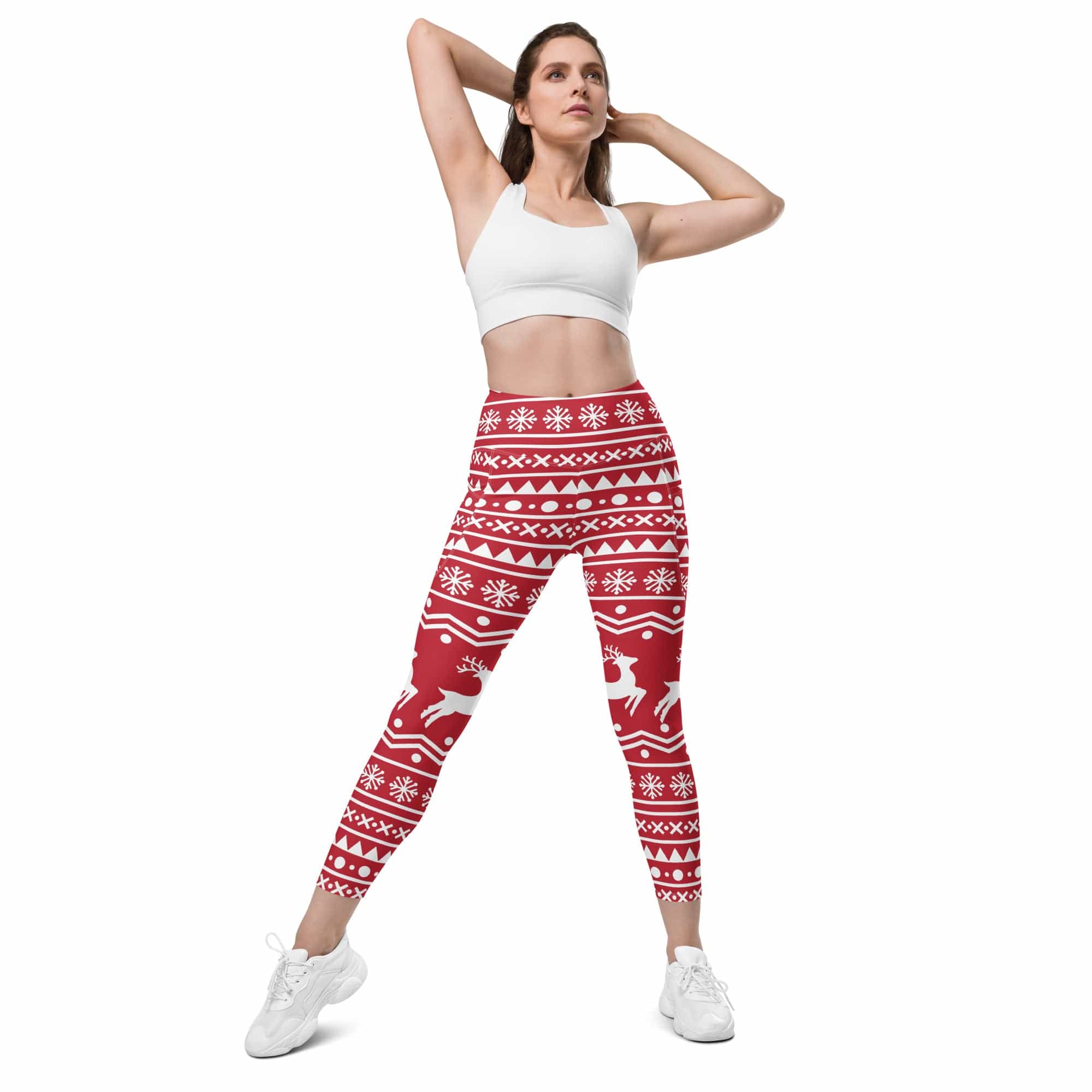 Red Nordic Reindeer Leggings With Pockets