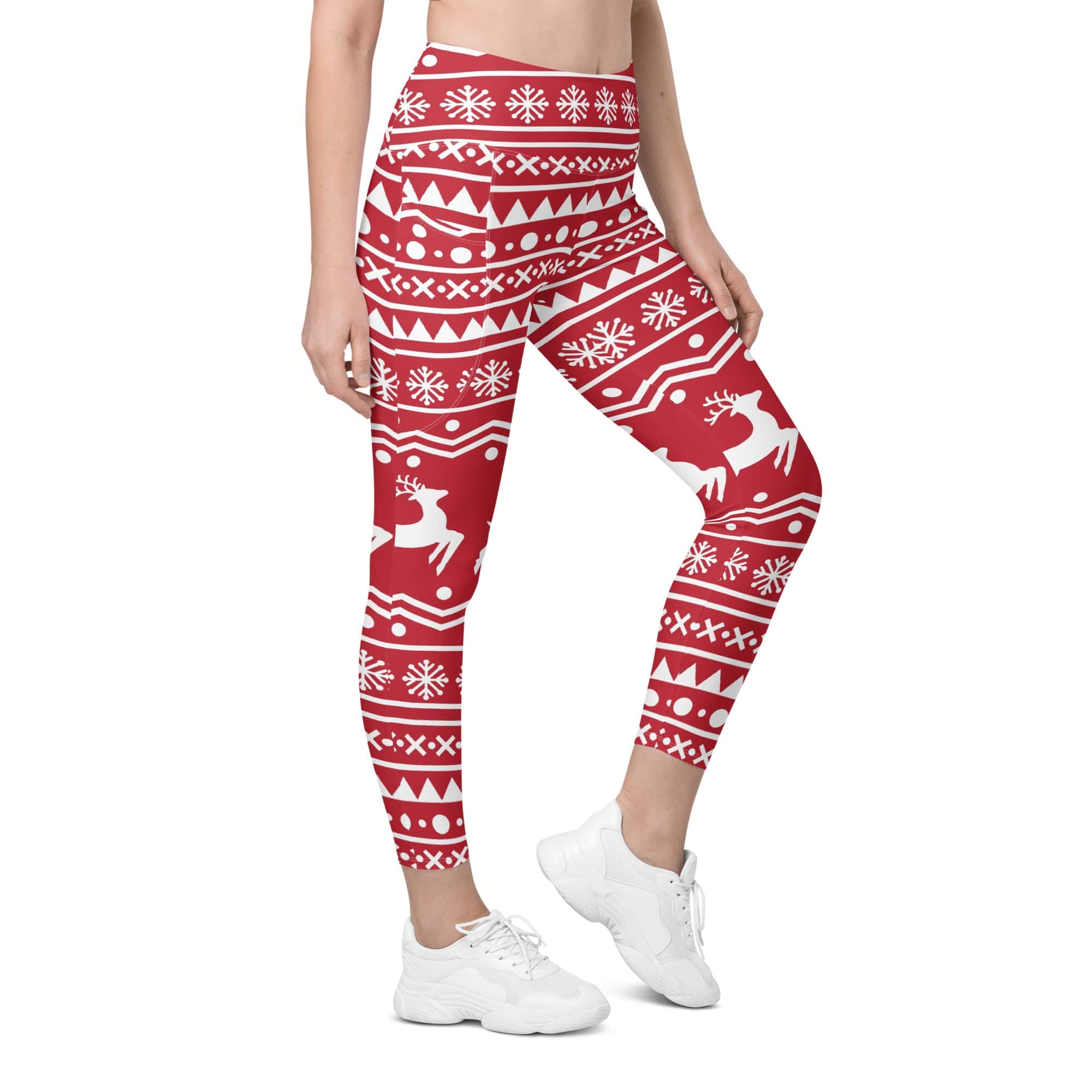 Red Nordic Reindeer Leggings With Pockets