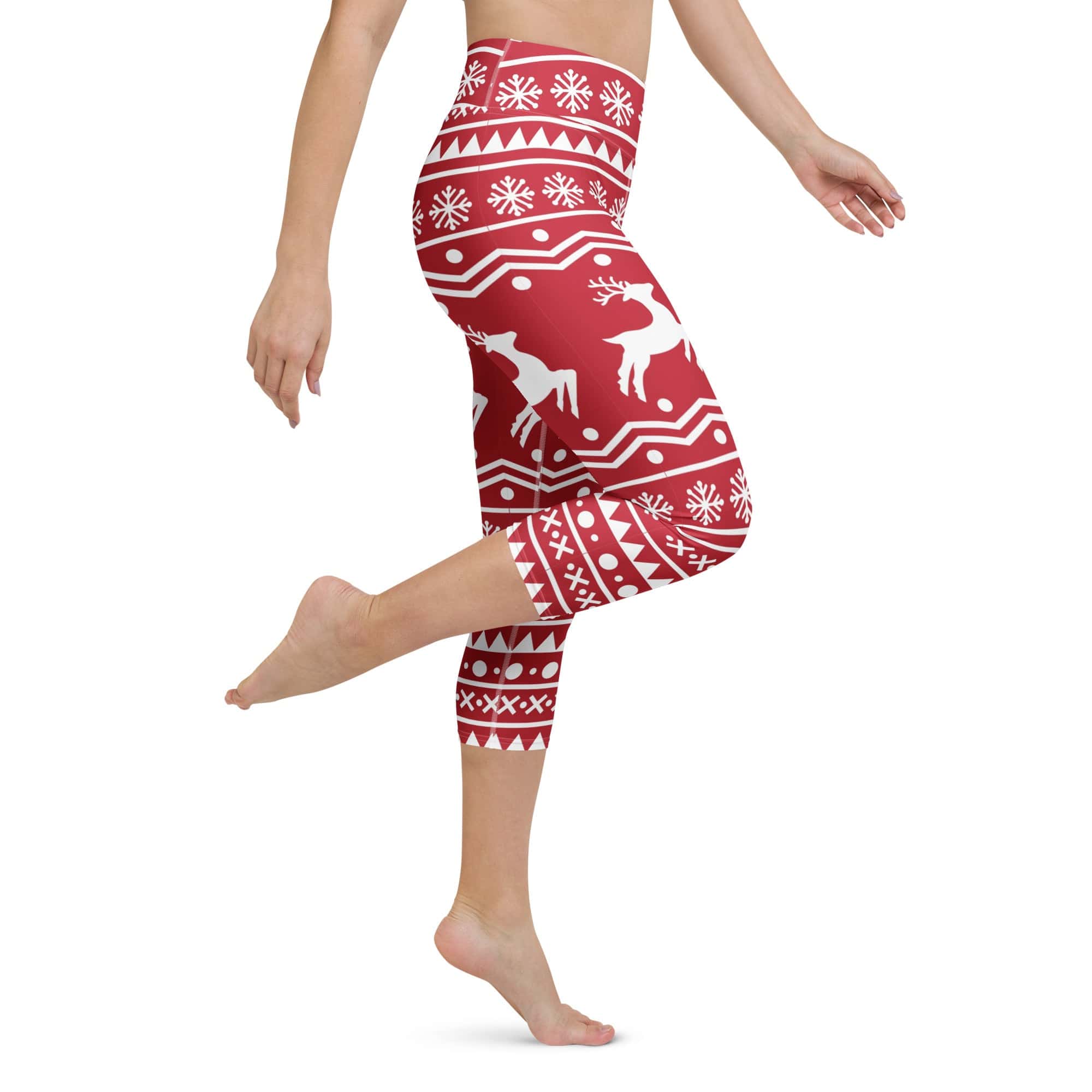 Red Nordic Reindeer Yoga Capris