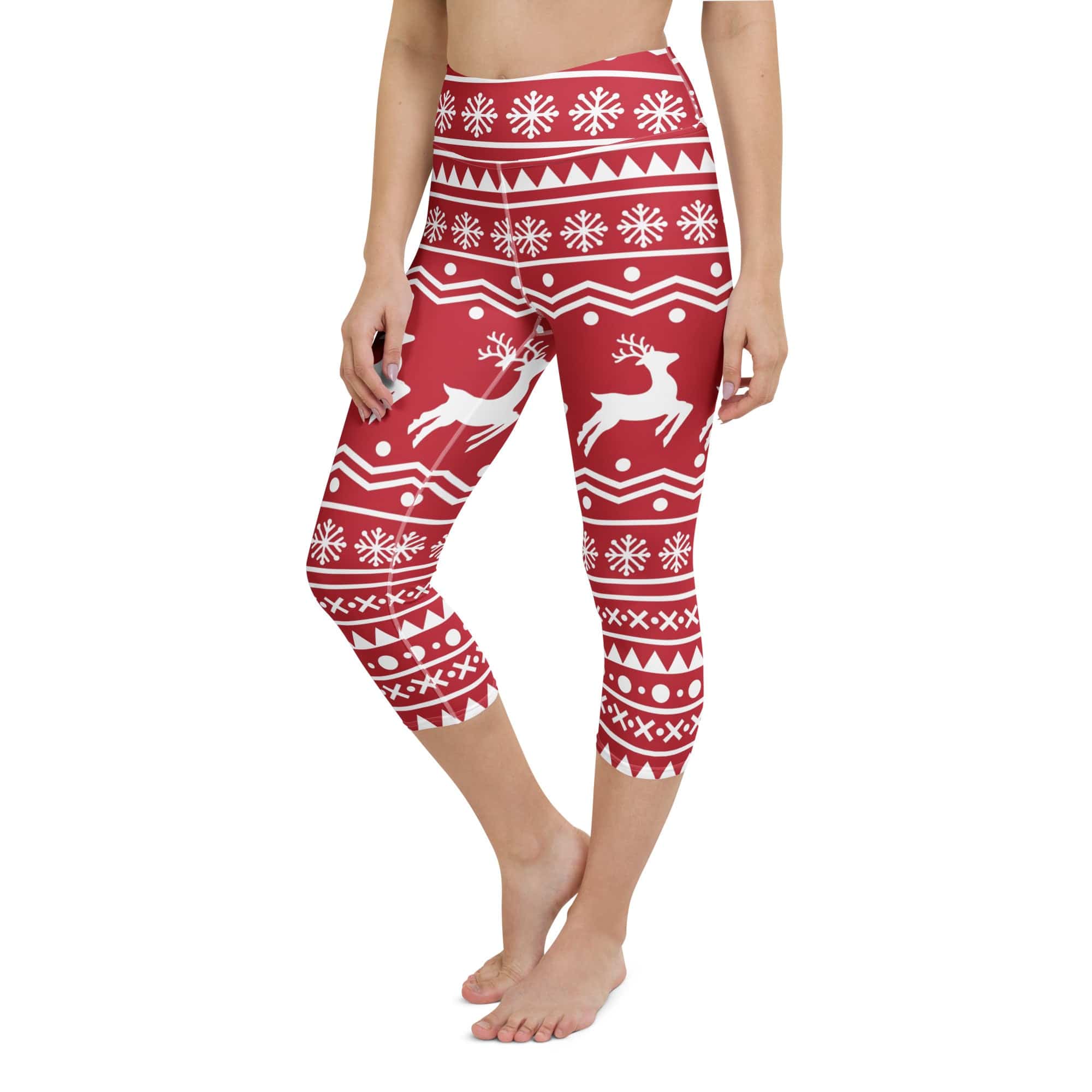 Red Nordic Reindeer Yoga Capris