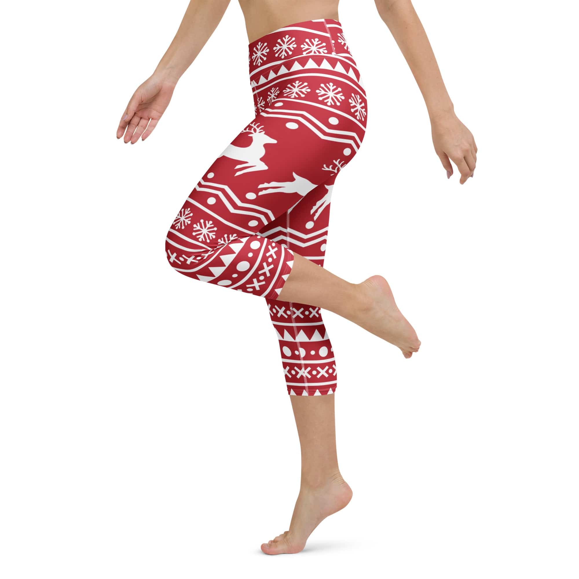 Red Nordic Reindeer Yoga Capris