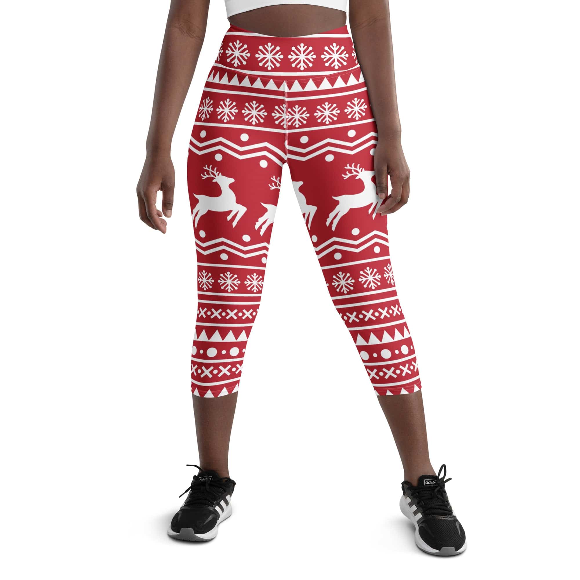 Red Nordic Reindeer Yoga Capris