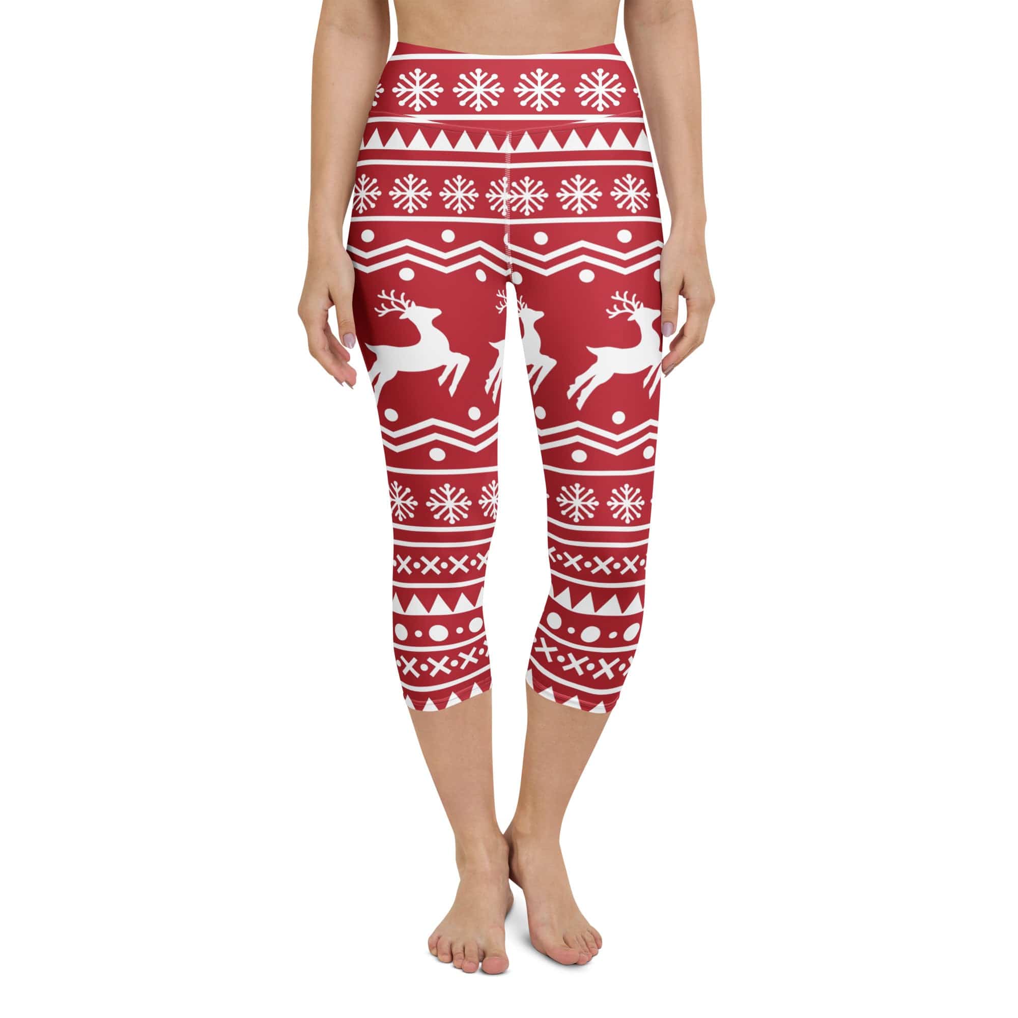 Red Nordic Reindeer Yoga Capris