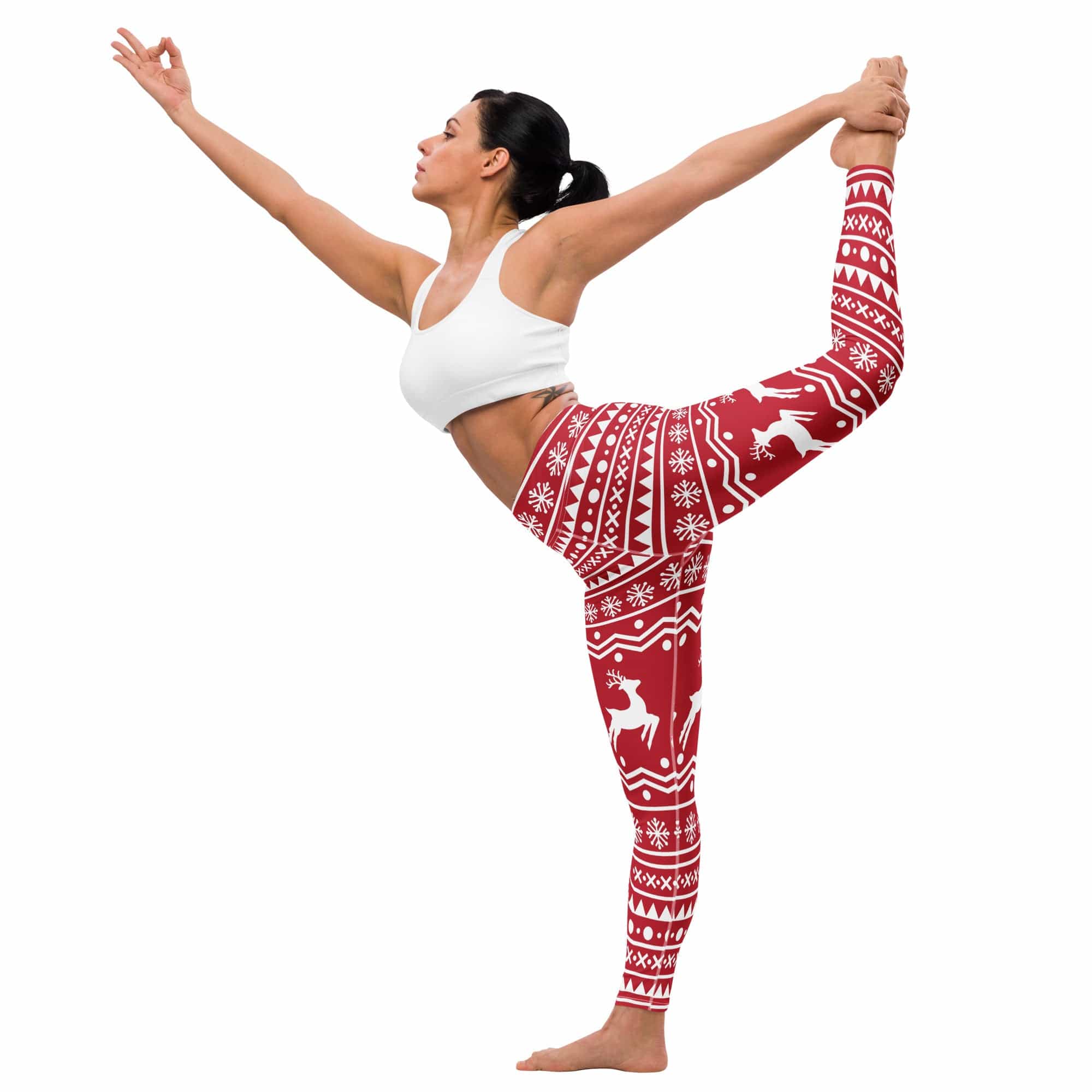 Red Nordic Reindeer Yoga Leggings