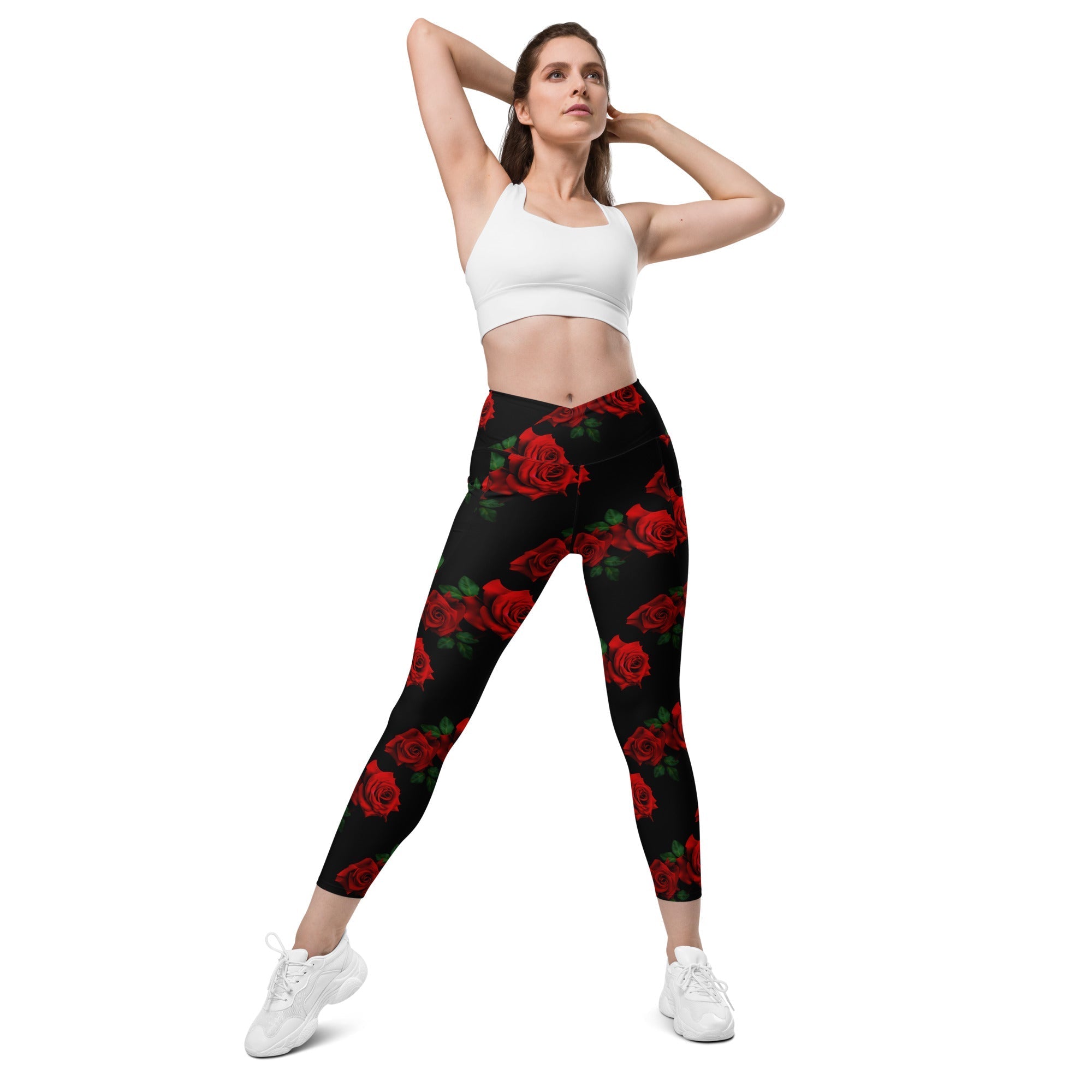 Red Roses Crossover Leggings With Pockets