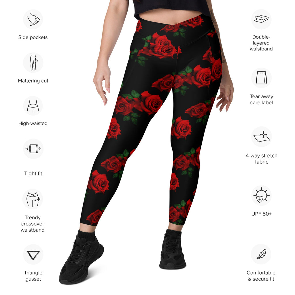 Red Roses Crossover Leggings With Pockets