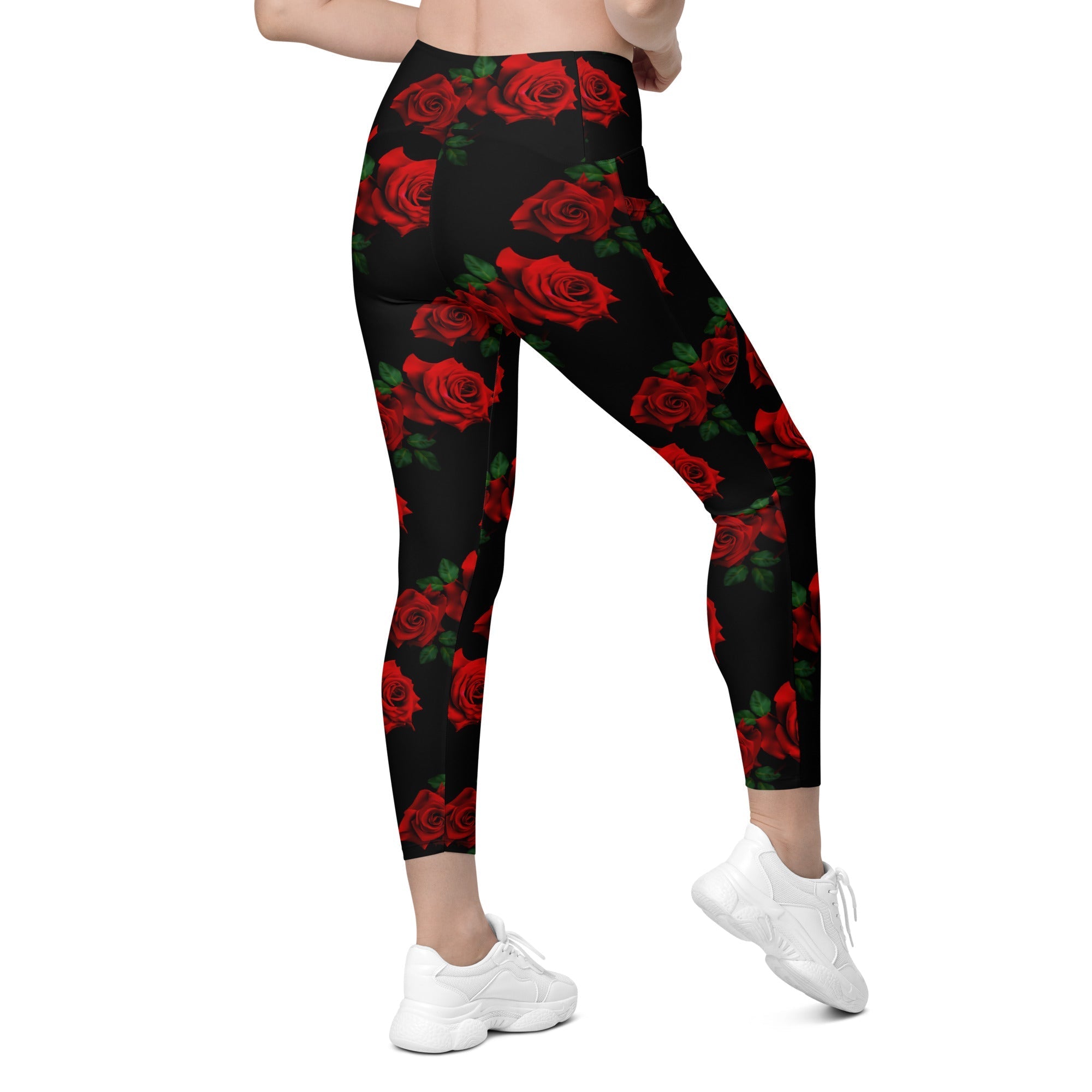 Red Roses Crossover Leggings With Pockets