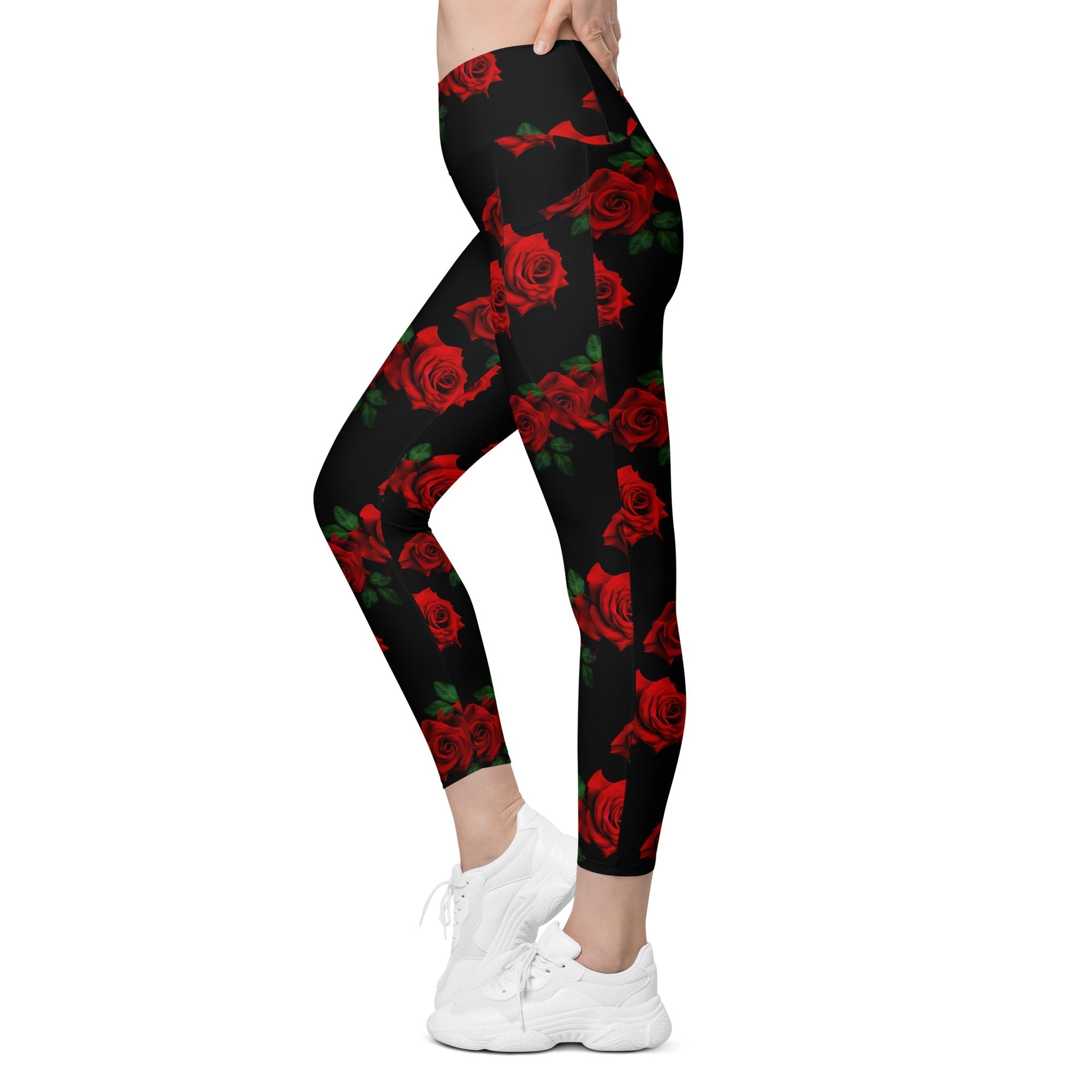Red Roses Crossover Leggings With Pockets
