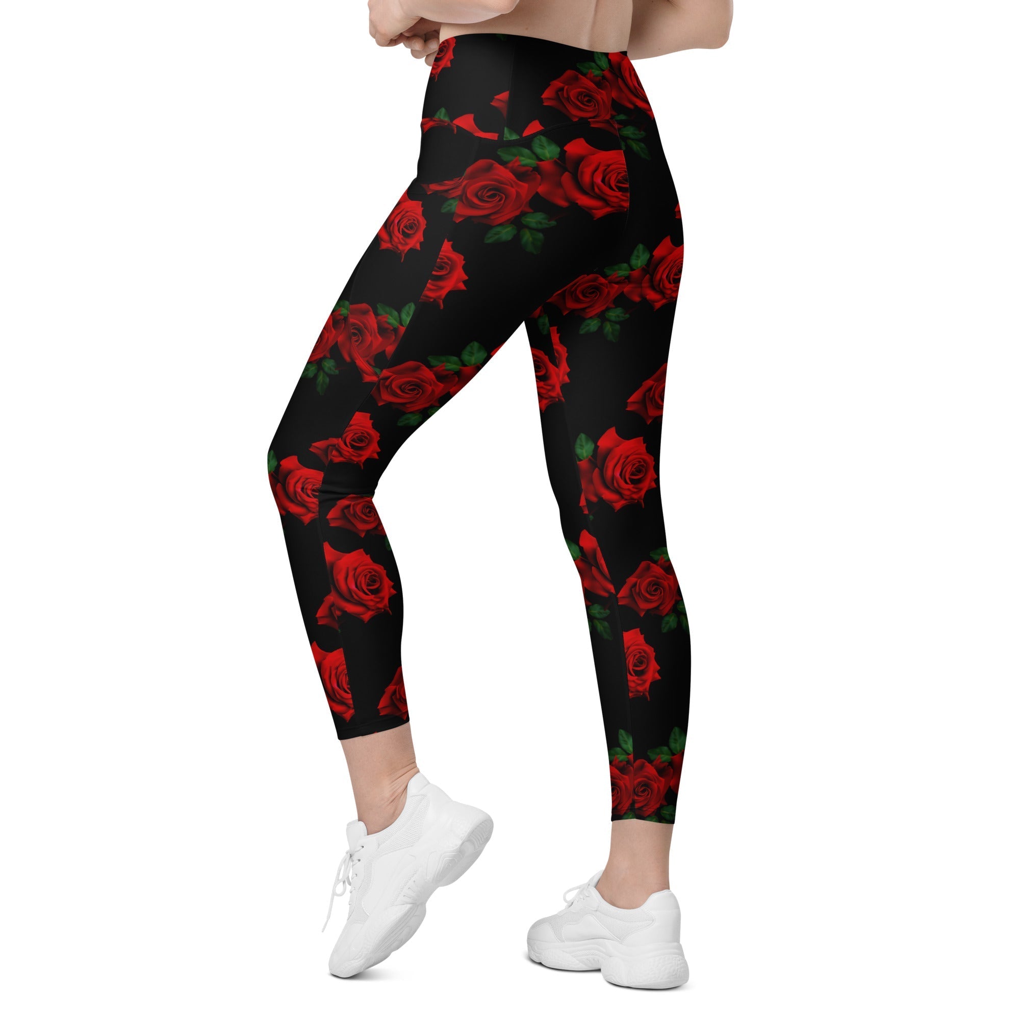Red Roses Crossover Leggings With Pockets