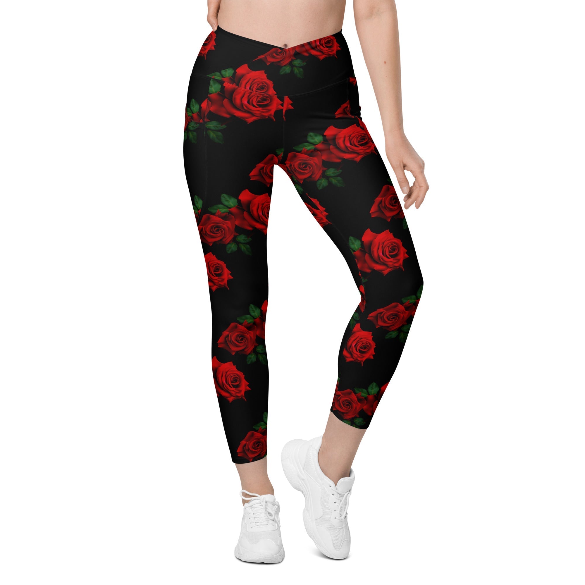 Red Roses Crossover Leggings With Pockets