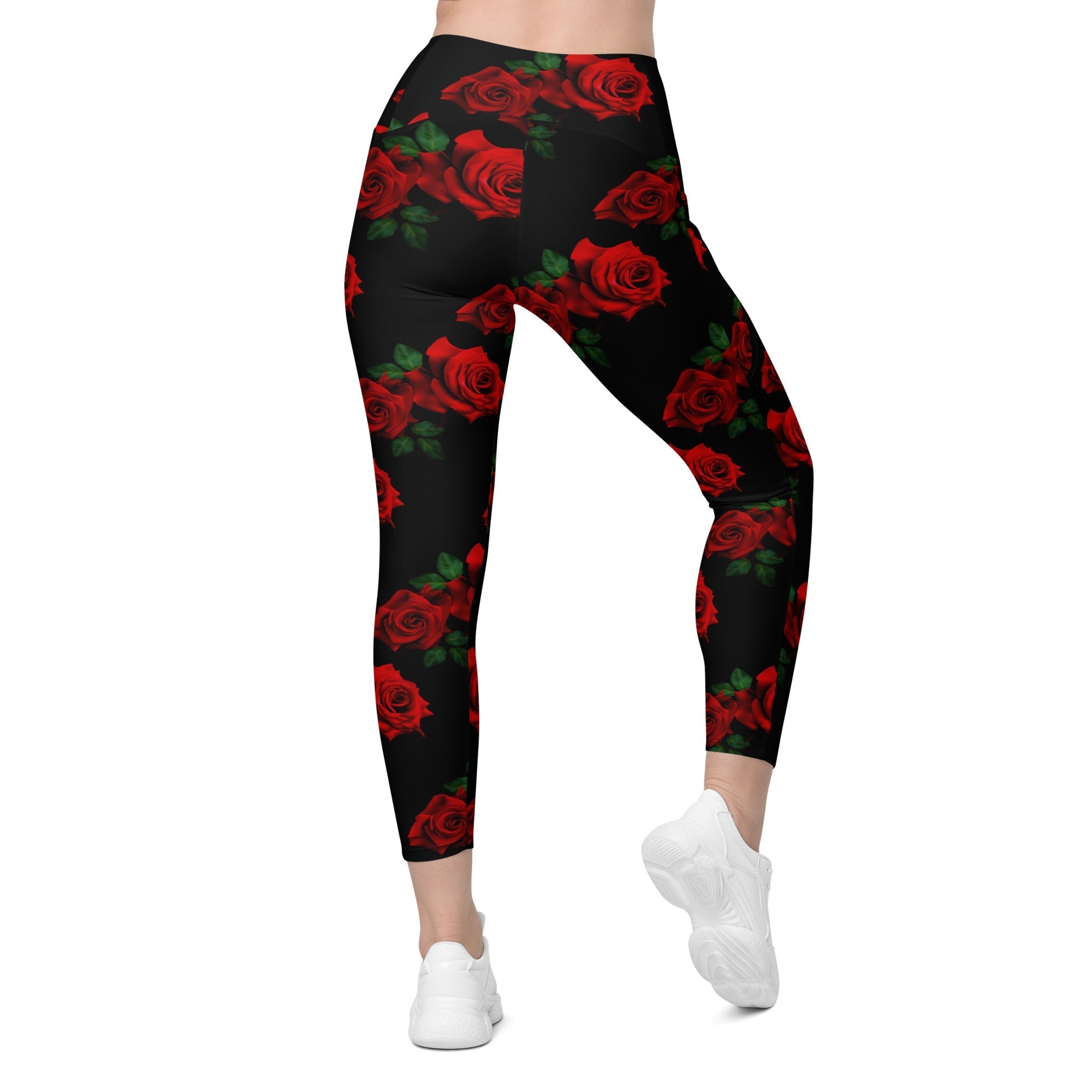 Red Roses Crossover Leggings With Pockets