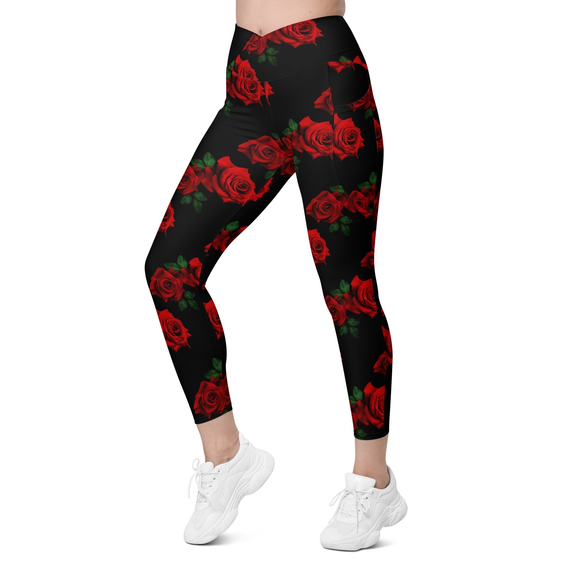 Red Roses Crossover Leggings With Pockets