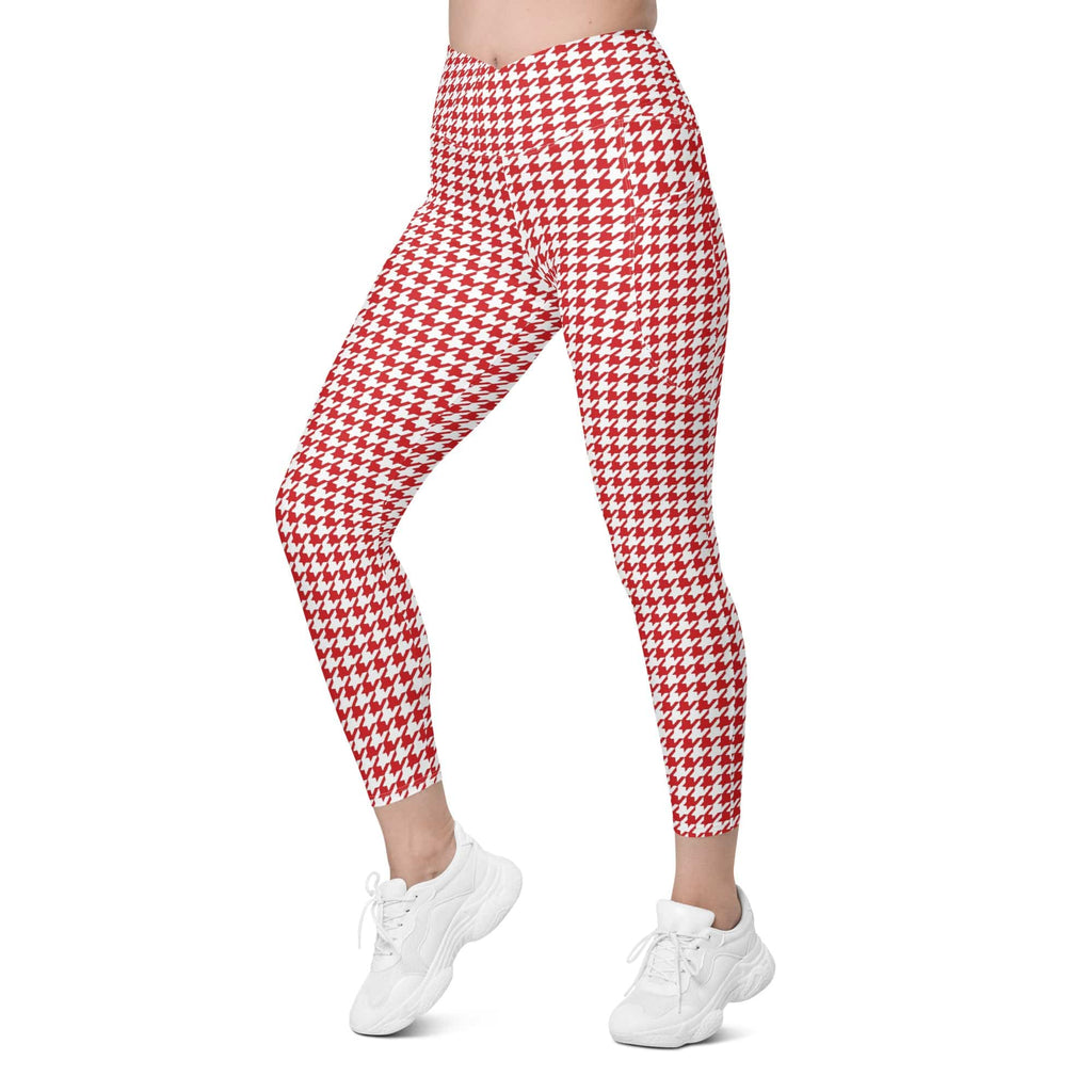 Red & White Houndstooth Crossover Leggings With Pockets