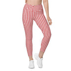 Red & White Houndstooth Crossover Leggings With Pockets
