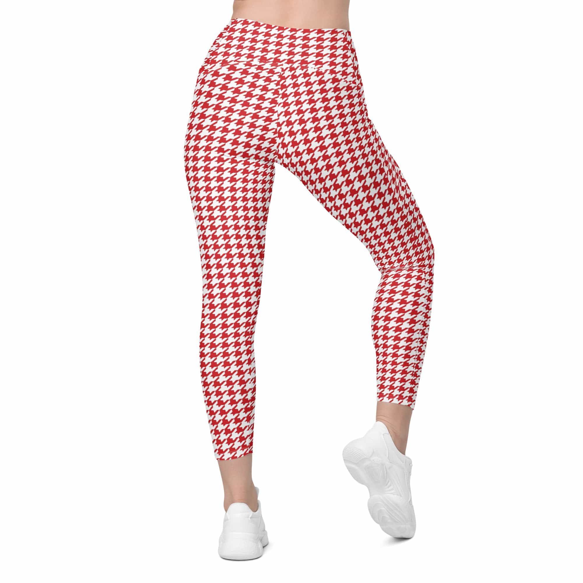 Red & White Houndstooth Crossover Leggings With Pockets