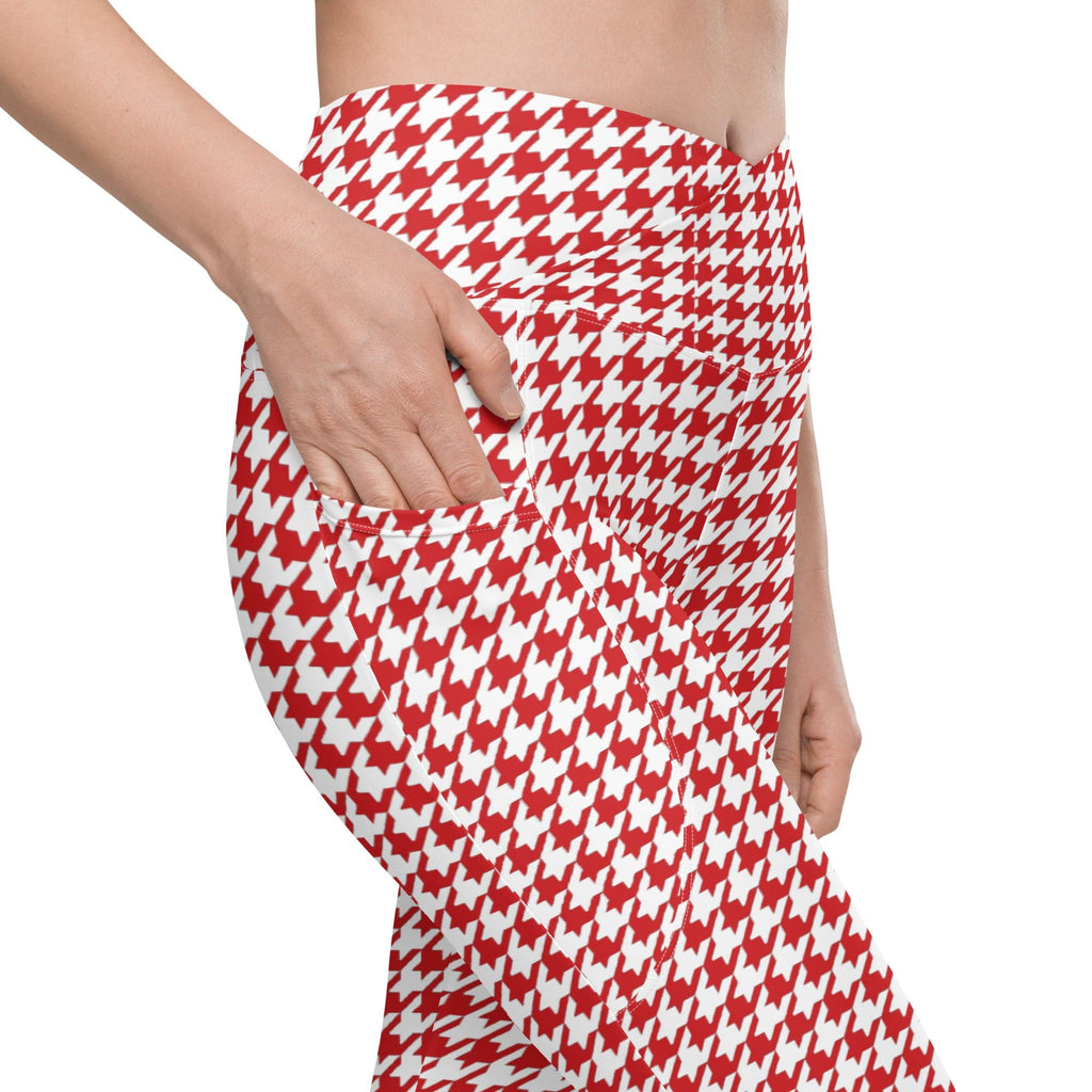 Red & White Houndstooth Crossover Leggings With Pockets