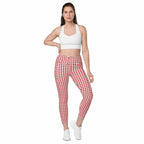 Red & White Houndstooth Crossover Leggings With Pockets