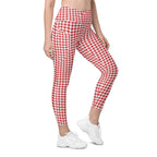 Red & White Houndstooth Crossover Leggings With Pockets