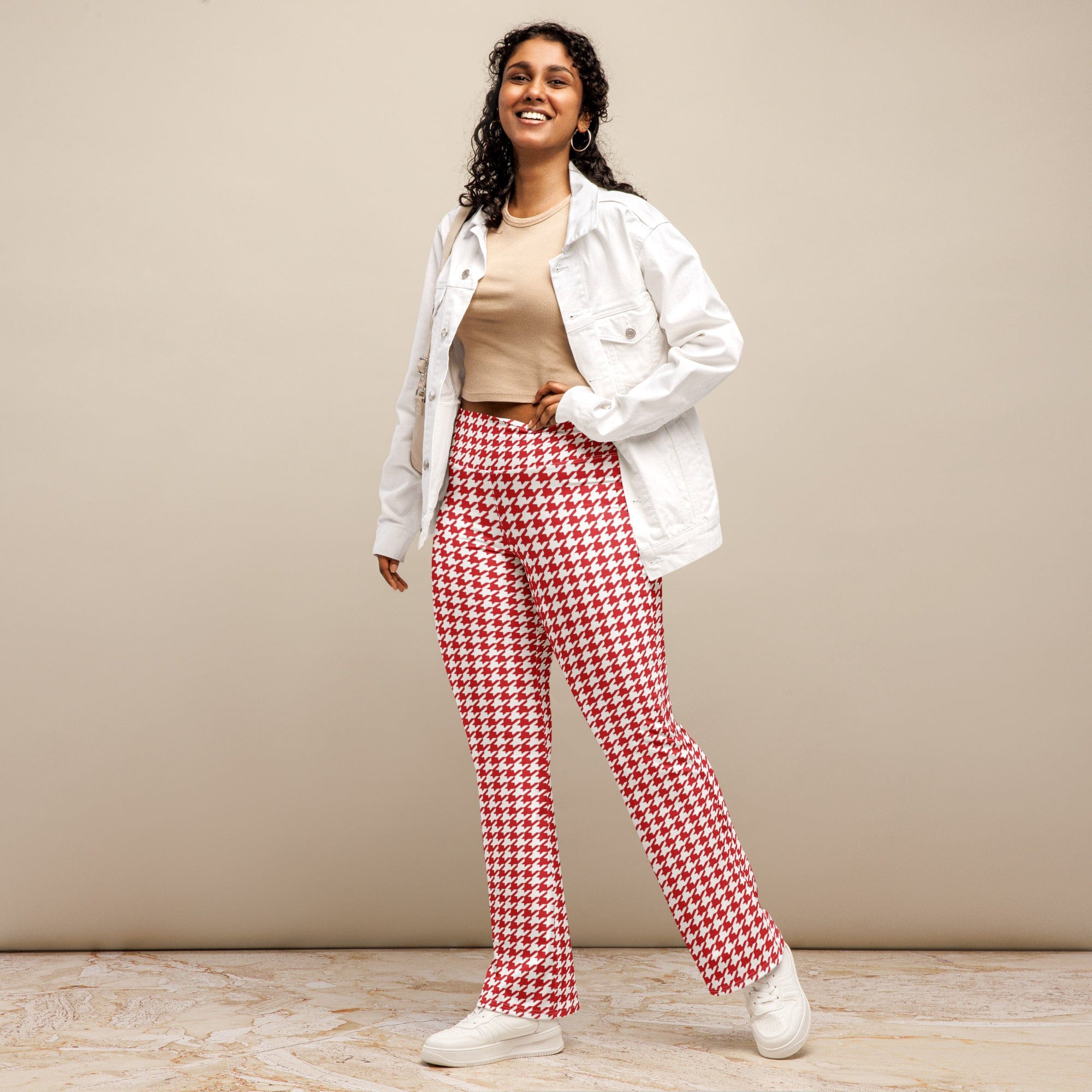 Red & White Houndstooth Flare Leggings