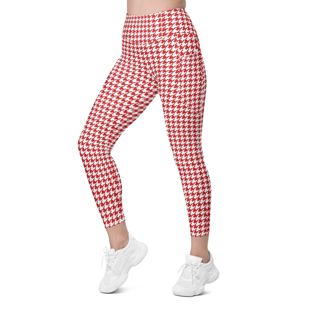 Red & White Houndstooth Leggings With Pockets
