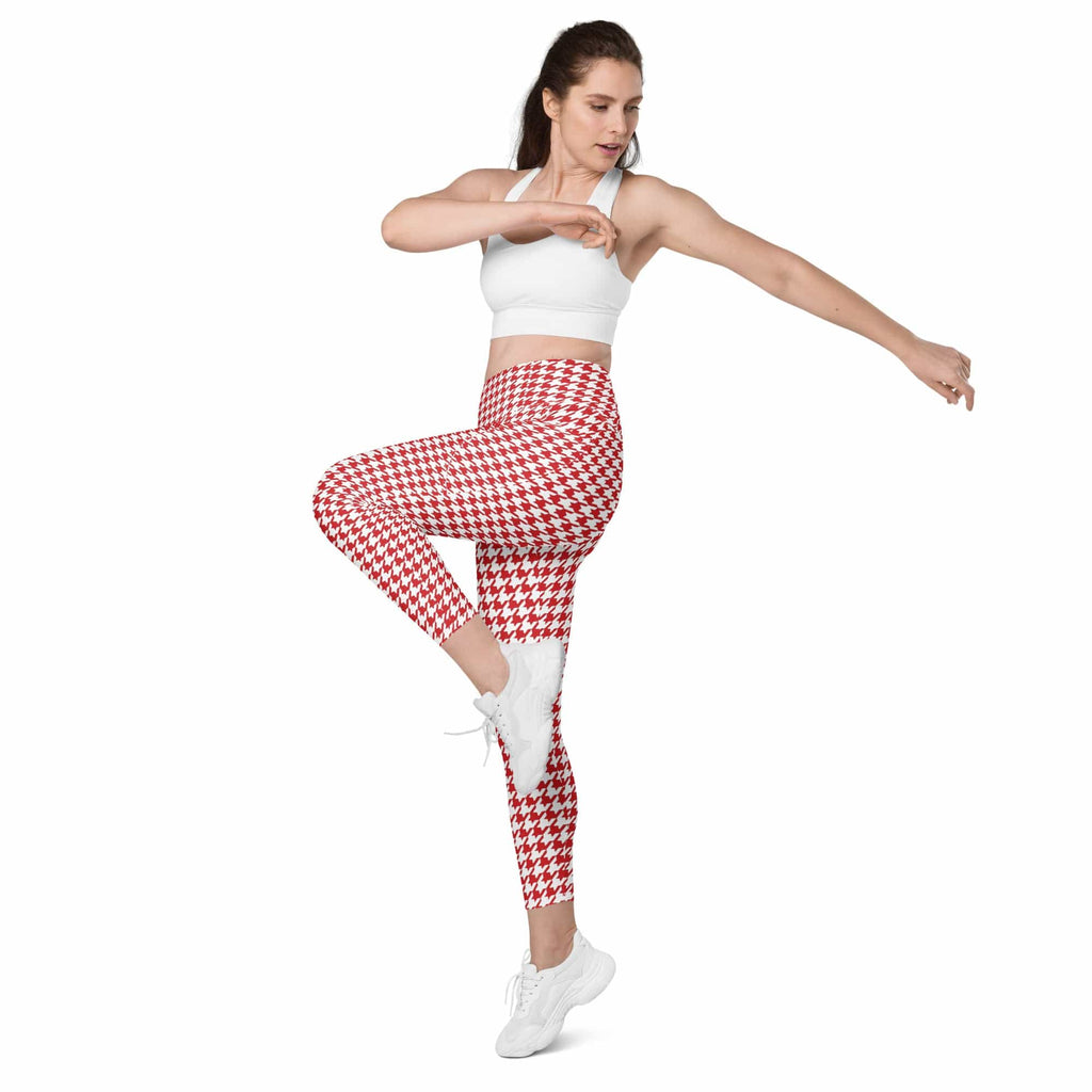 Red & White Houndstooth Leggings With Pockets