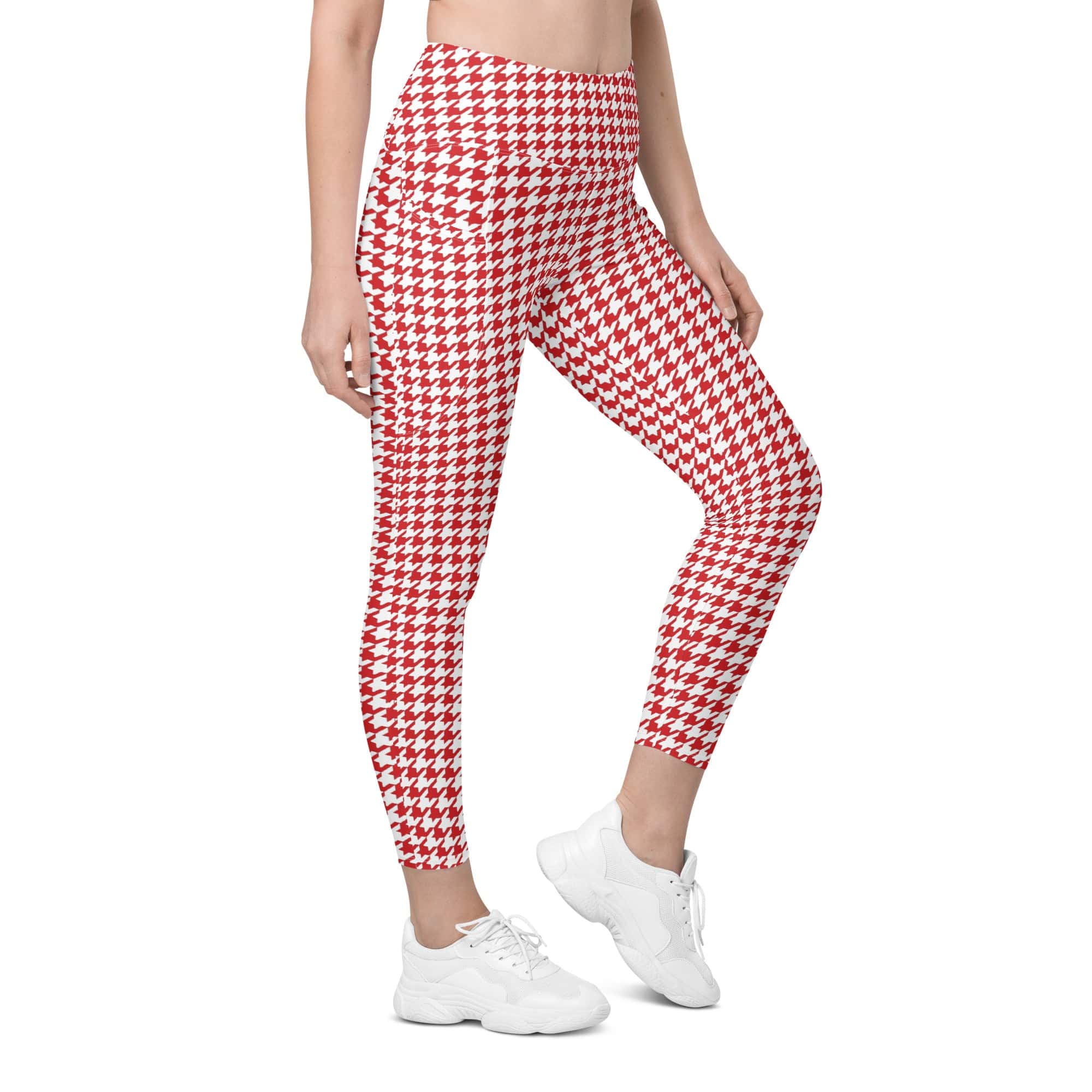 Red & White Houndstooth Leggings With Pockets