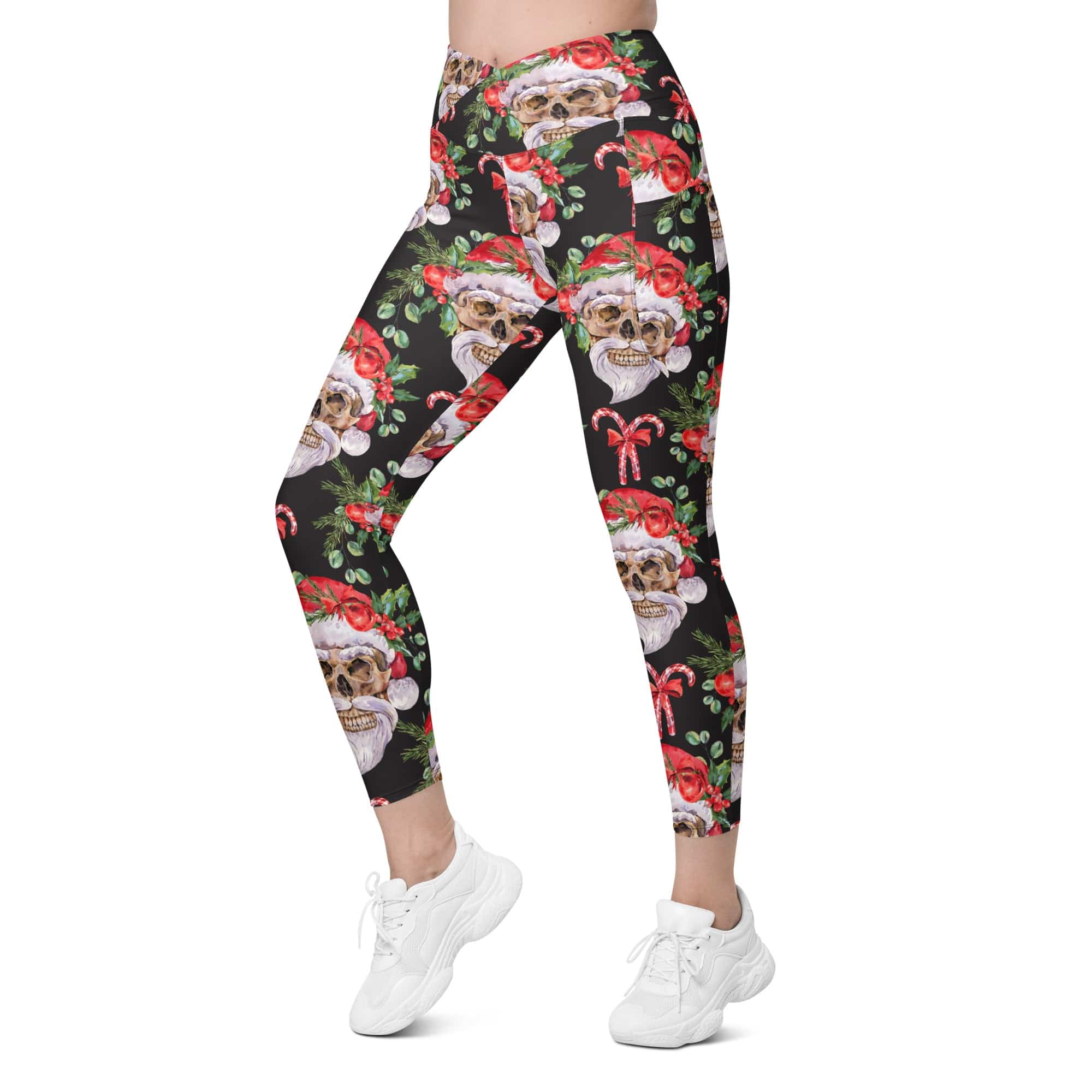 Santa Skull Christmas Crossover Leggings With Pockets