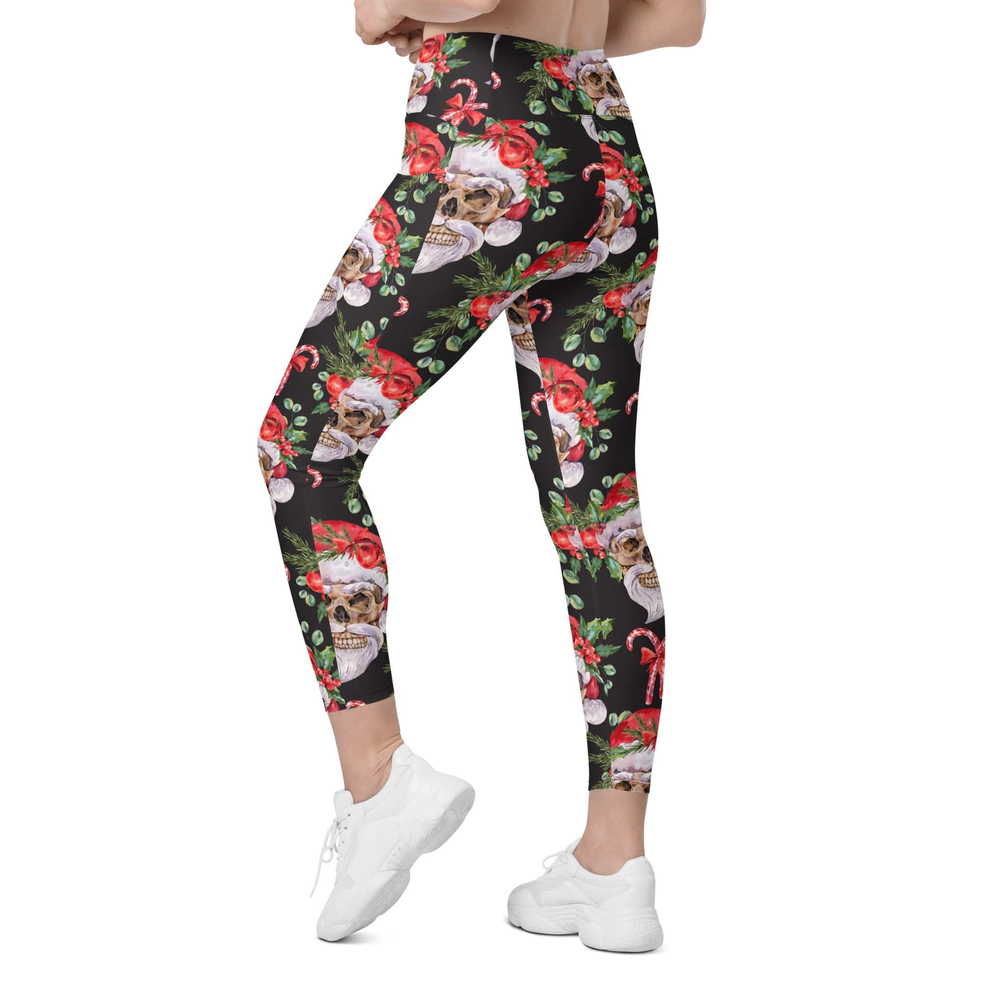 Santa Skull Christmas Crossover Leggings With Pockets