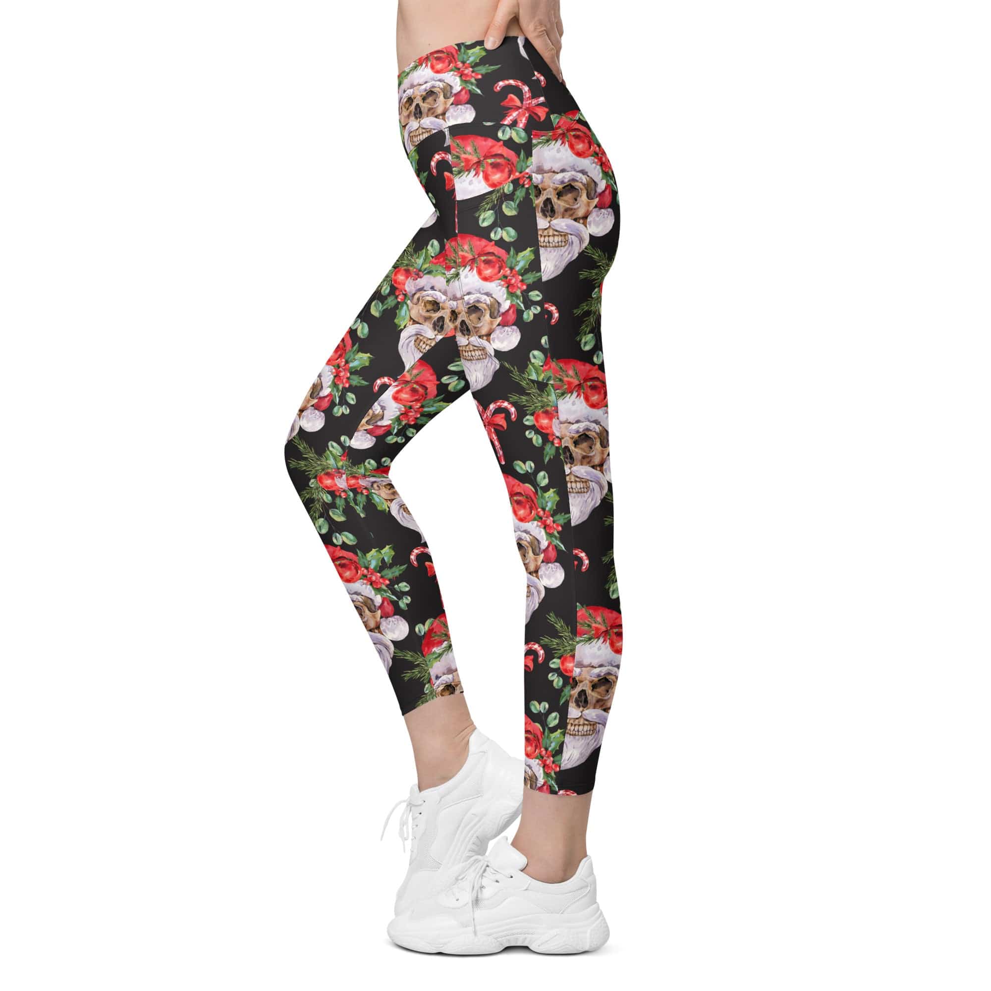 Santa Skull Christmas Crossover Leggings With Pockets