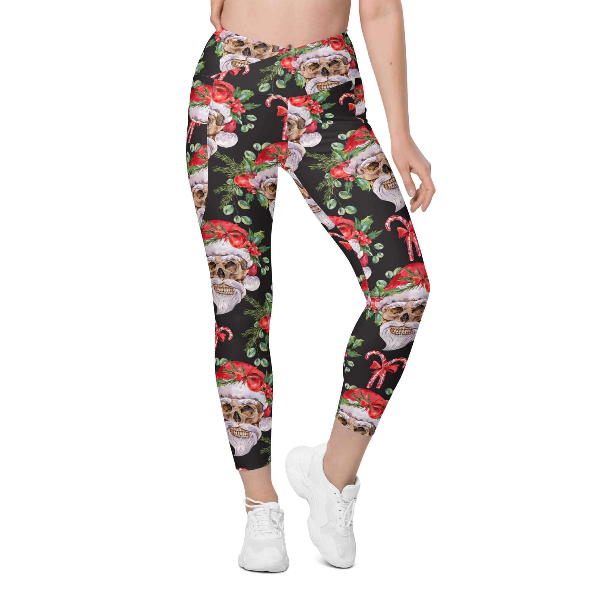 Santa Skull Christmas Crossover Leggings With Pockets