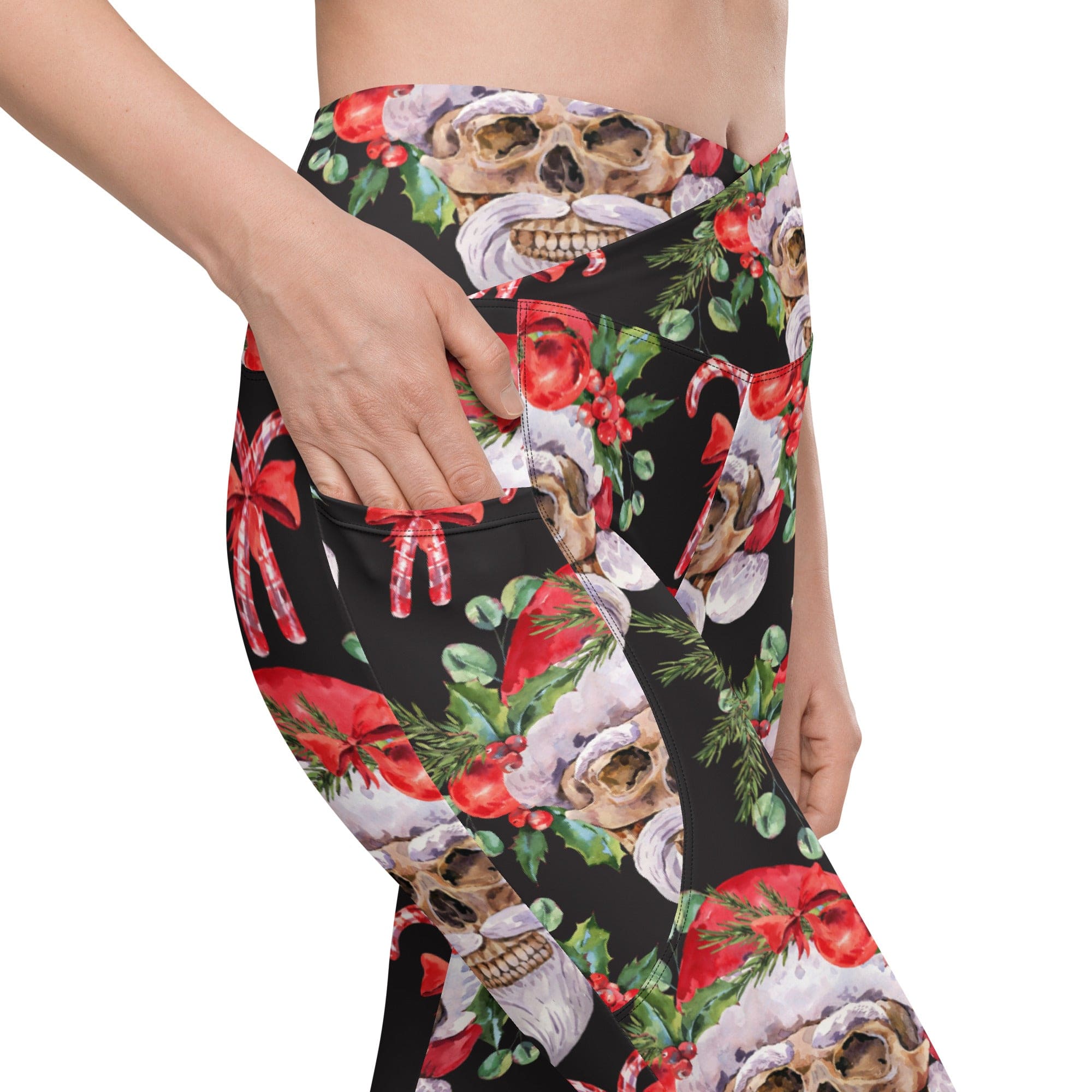 Santa Skull Christmas Crossover Leggings With Pockets