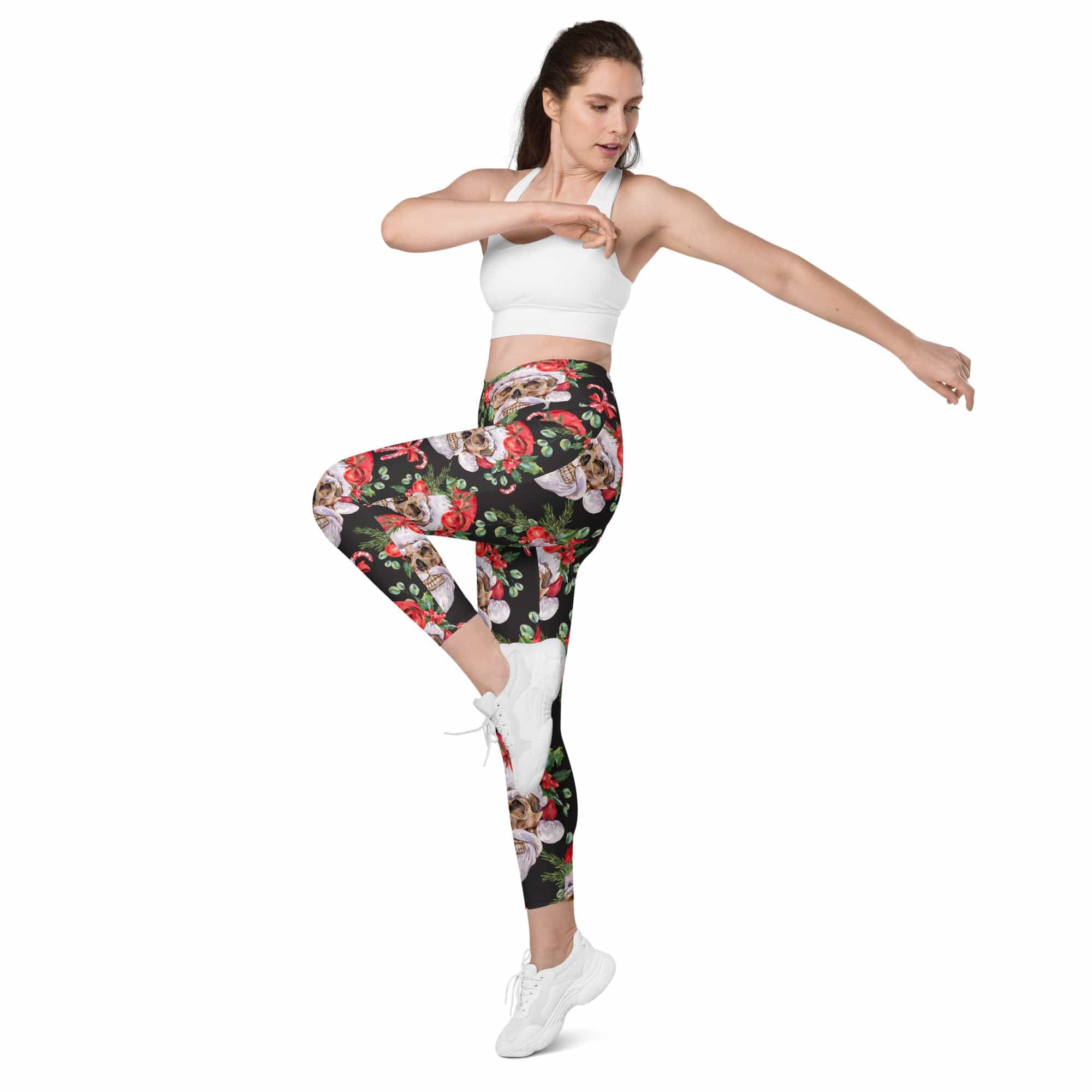 Santa Skull Christmas Crossover Leggings With Pockets