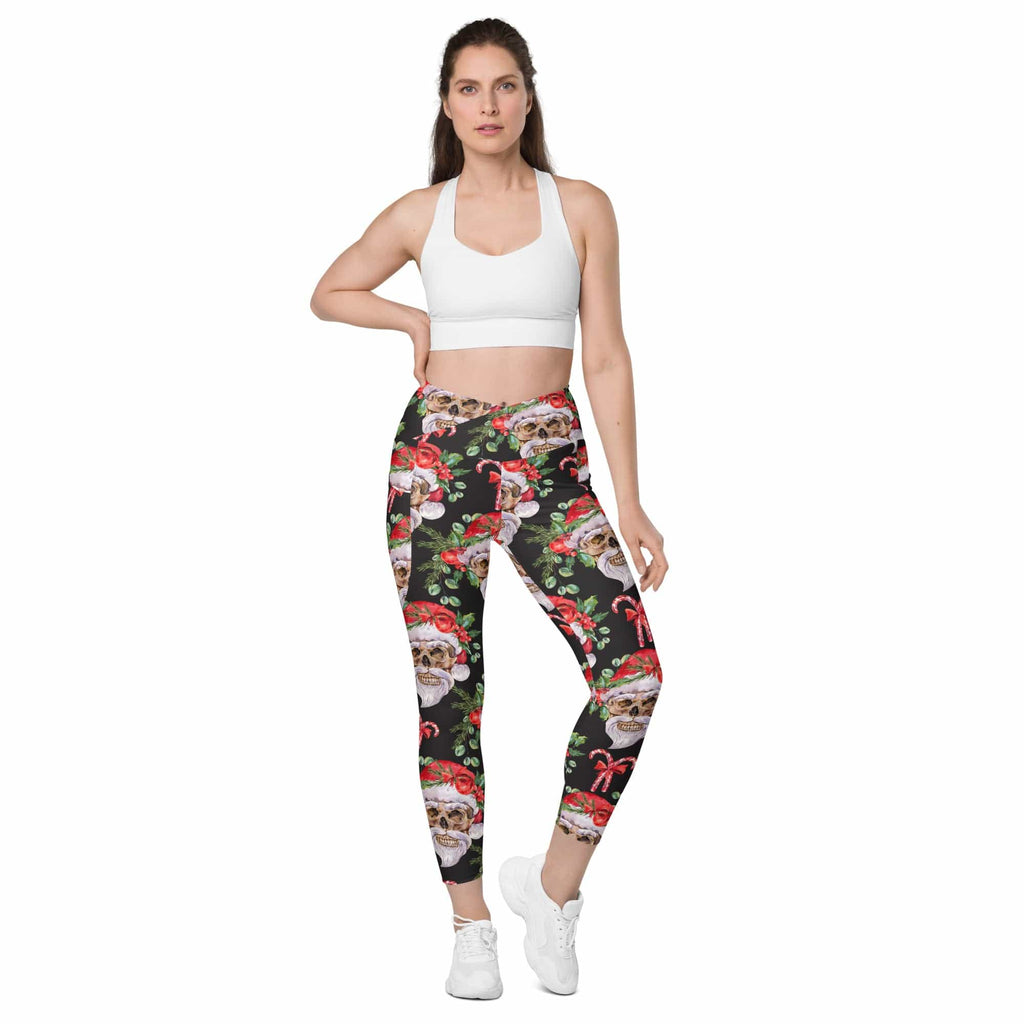 Santa Skull Christmas Crossover Leggings With Pockets