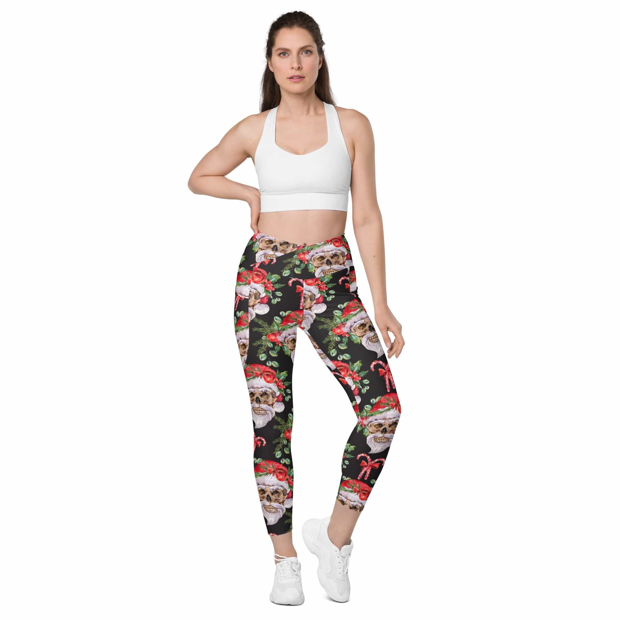 Santa Skull Christmas Crossover Leggings With Pockets