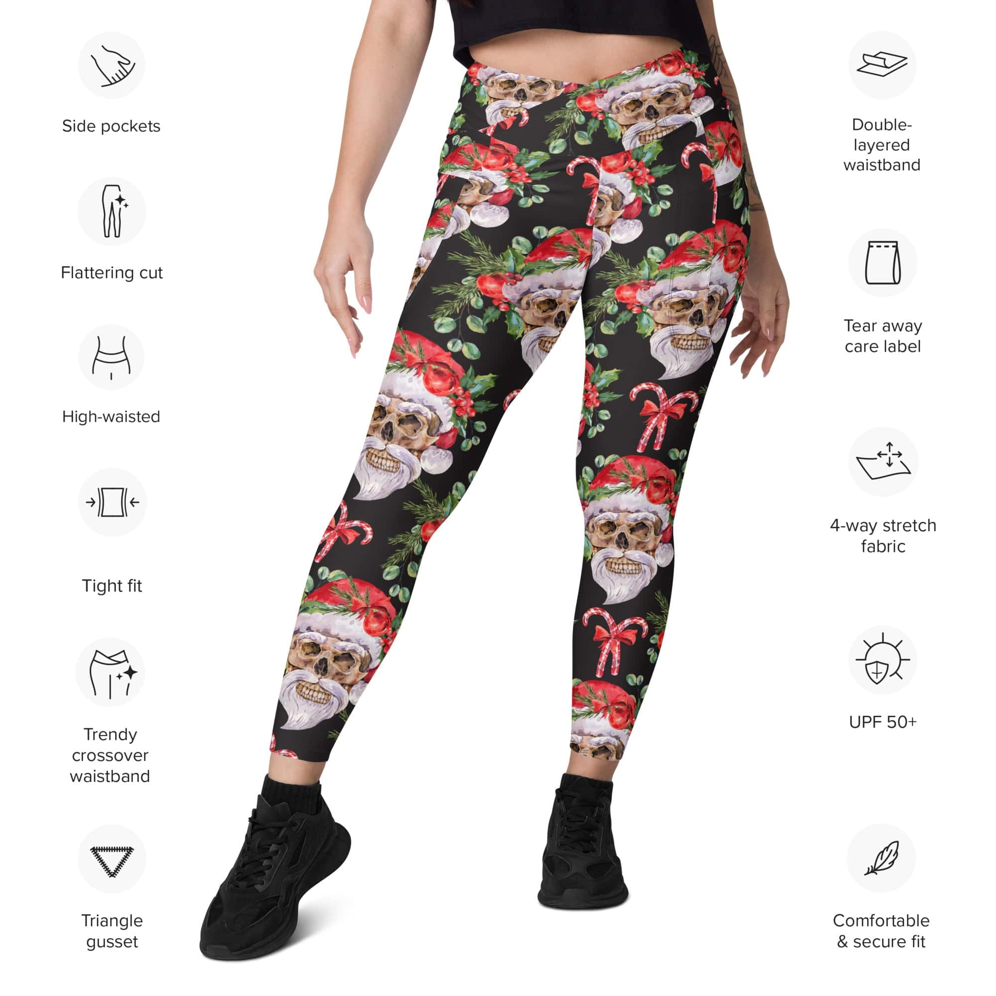 Santa Skull Christmas Crossover Leggings With Pockets