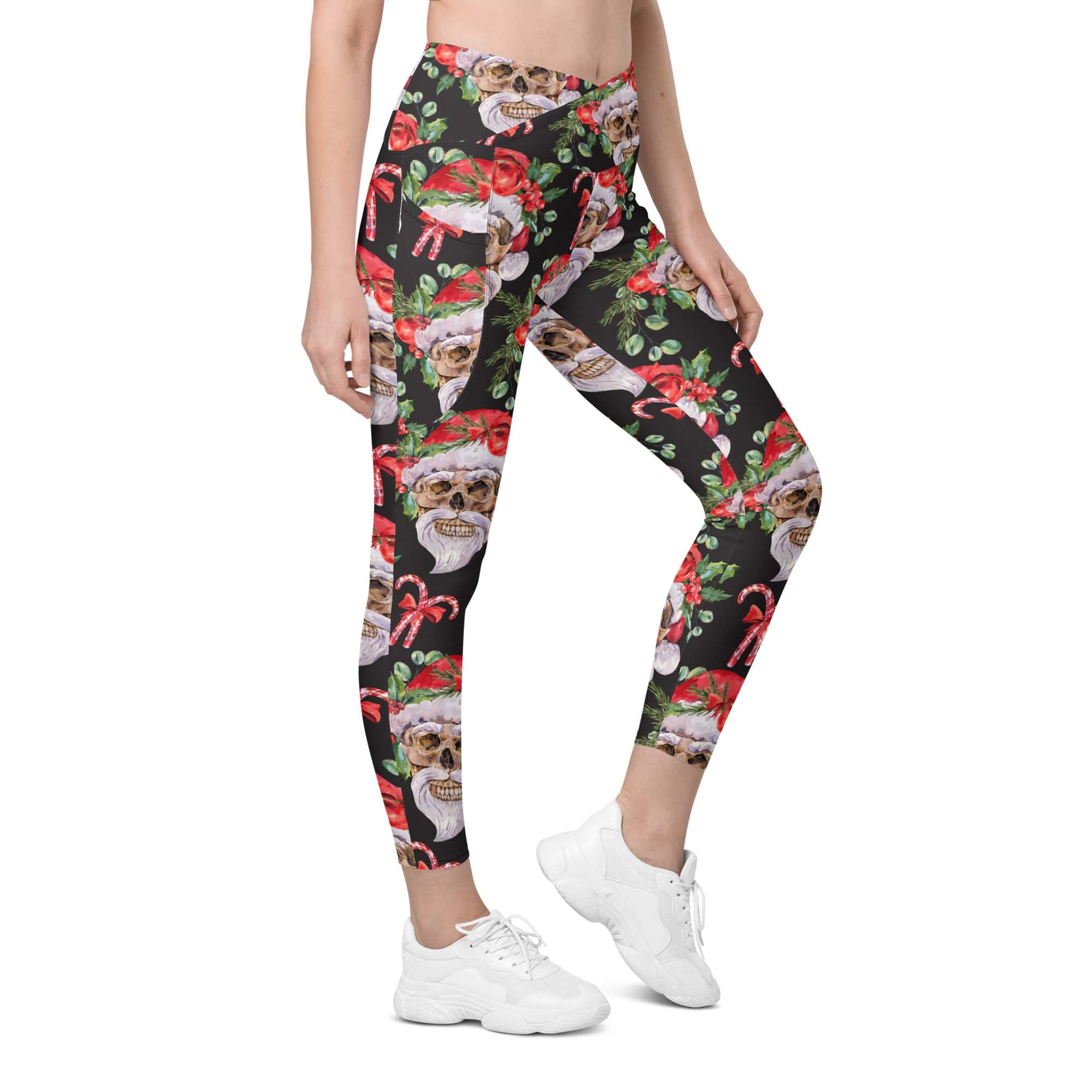 Santa Skull Christmas Crossover Leggings With Pockets