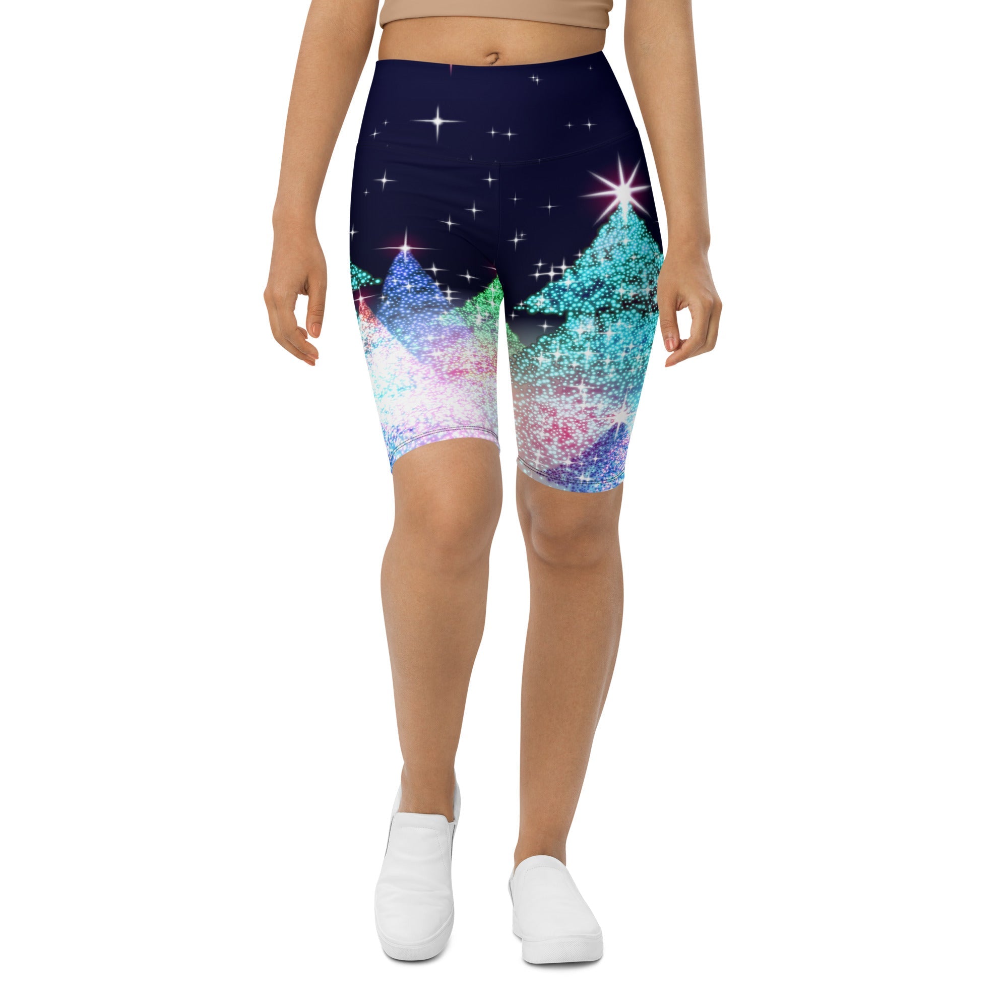 Shimmery Christmas Tree Print Biker Shorts