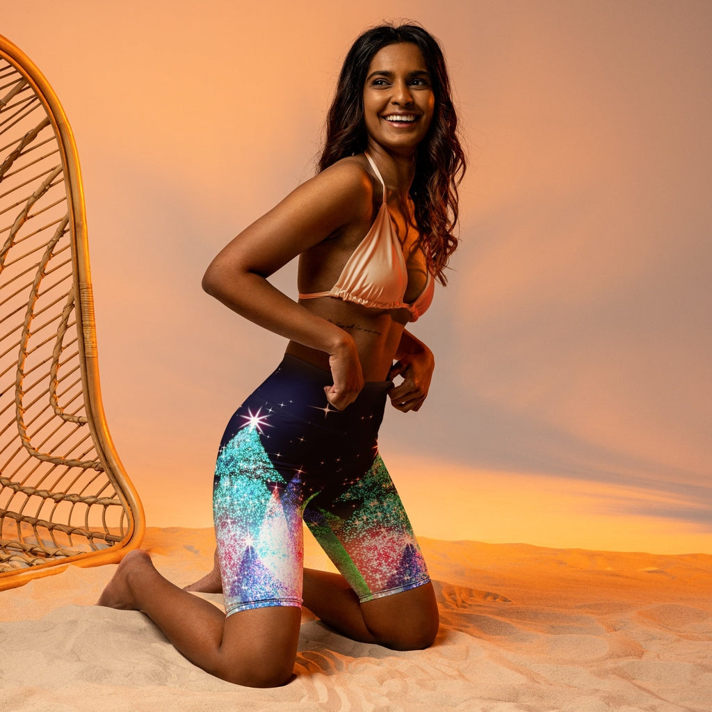 Shimmery Christmas Tree Print Biker Shorts