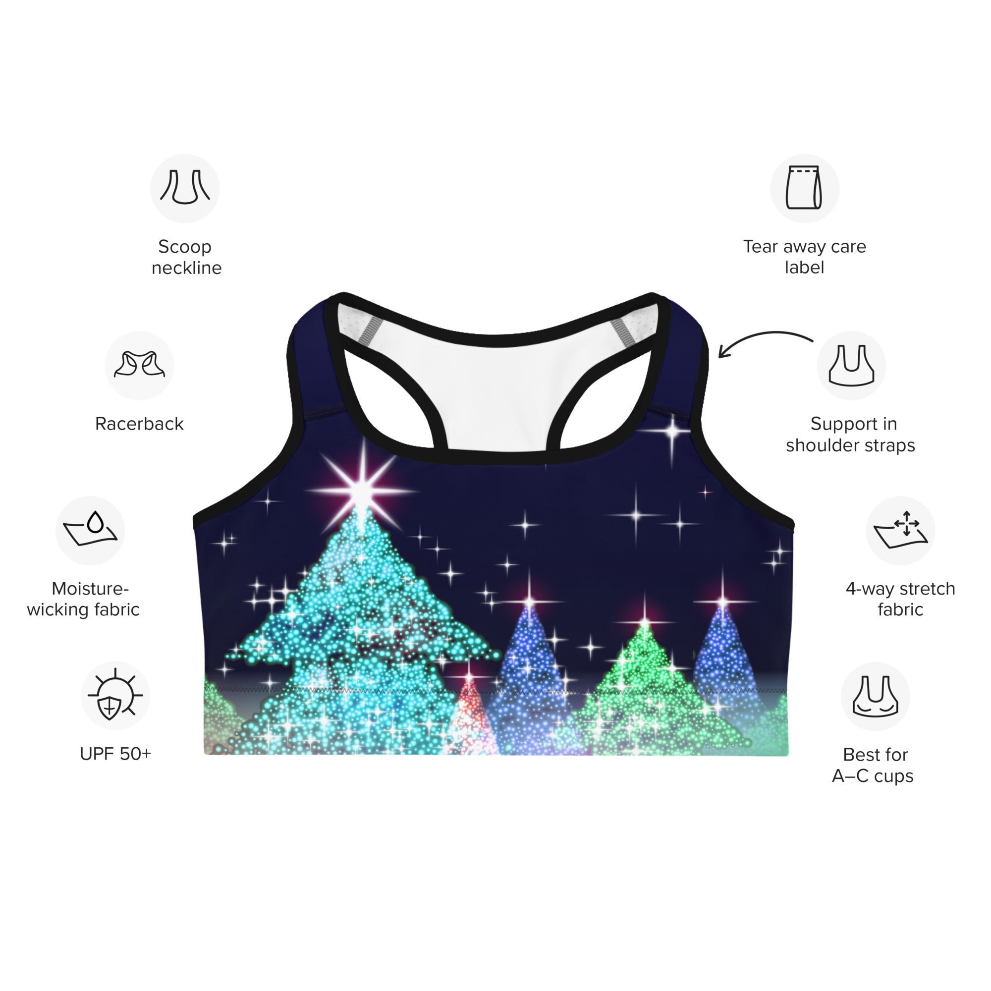 Shimmery Christmas Tree Print Sports Bra