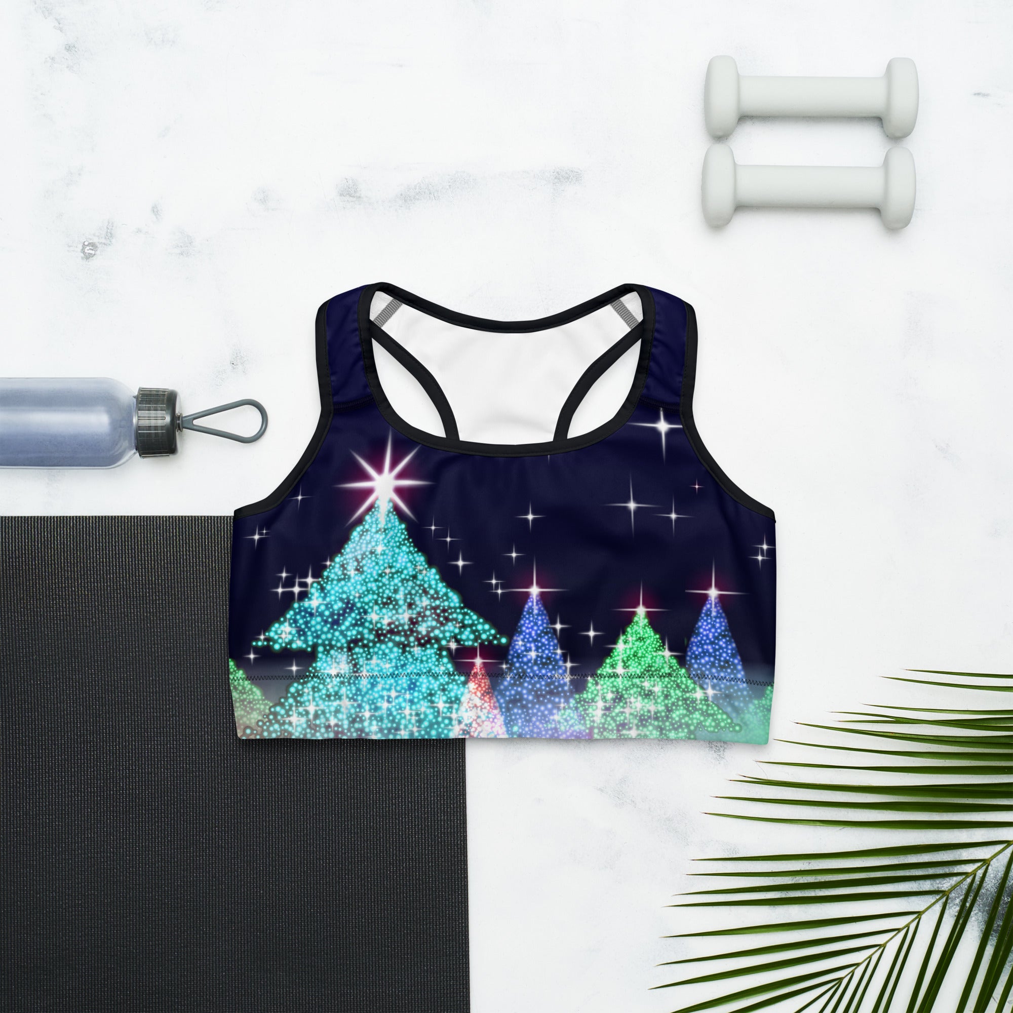 Shimmery Christmas Tree Print Sports Bra